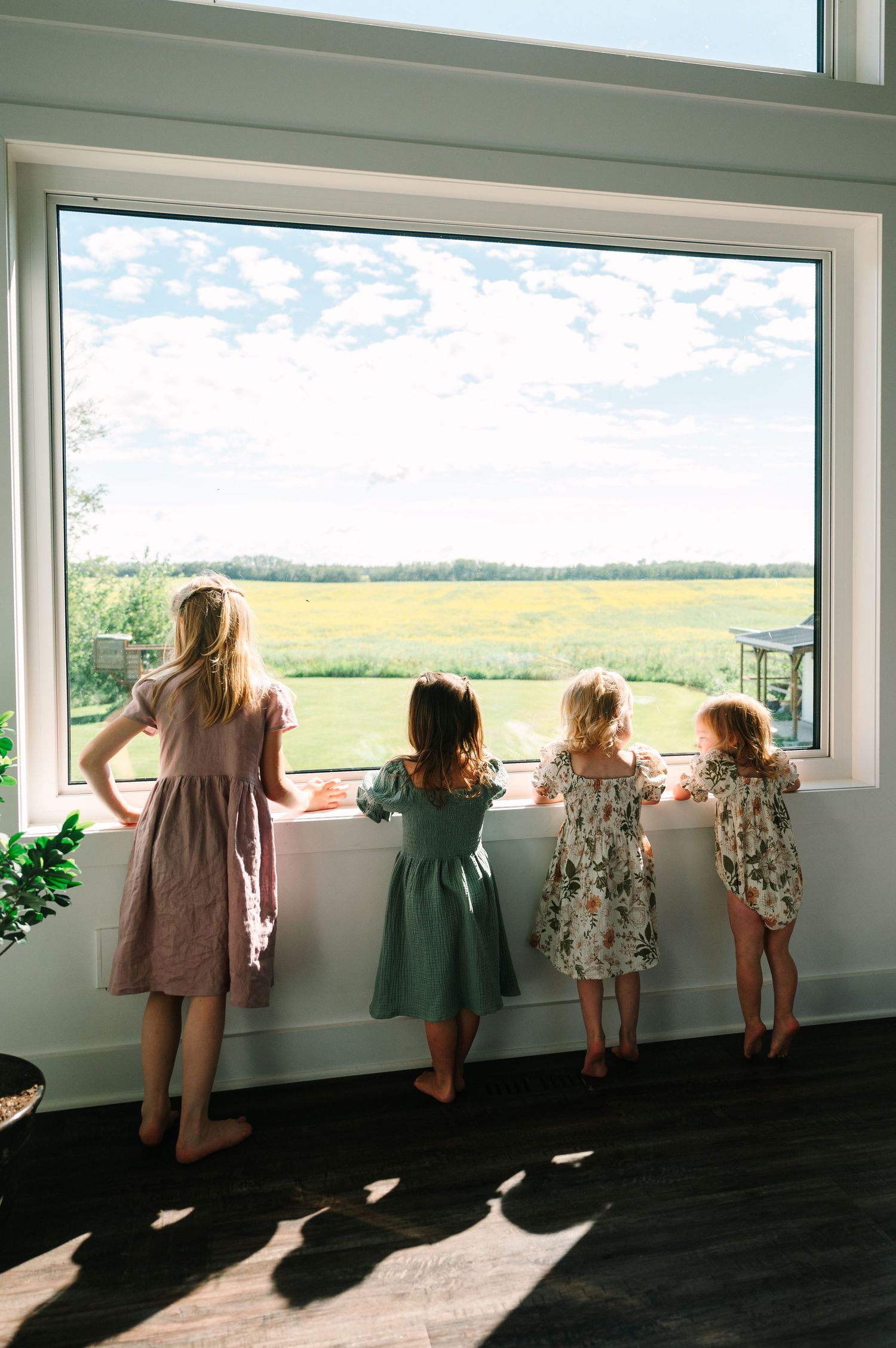 Four young girls in colorful dresses stand on tiptoe looking out a large window at a sunny green field.
