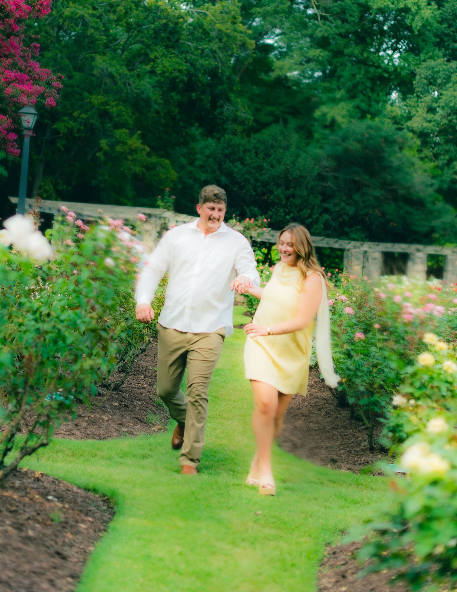 Engagement couples photoshoot at Raleigh Rose Garden North Carolina during golden hour