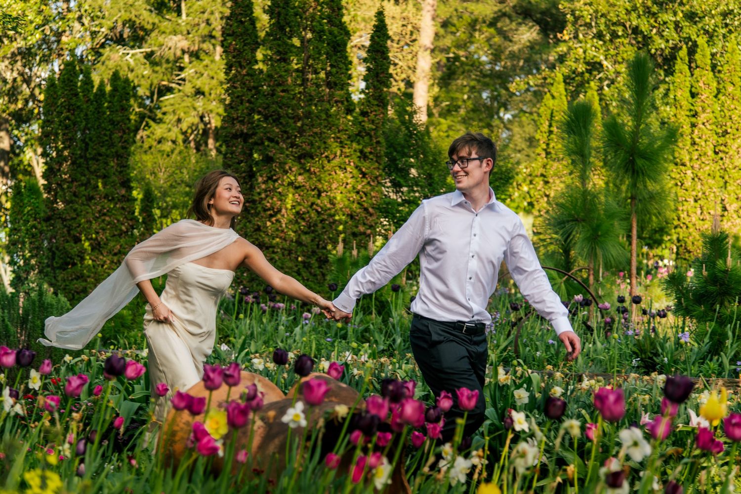 dreamy cinematic whimsical engagement photos at duke gardens by raleigh nc photographer