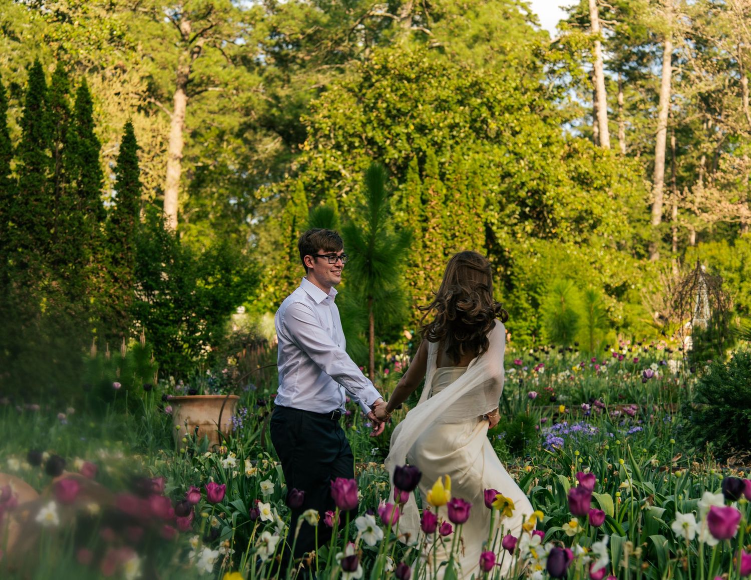 dreamy cinematic whimsical engagement photos at duke gardens by raleigh nc photographer
