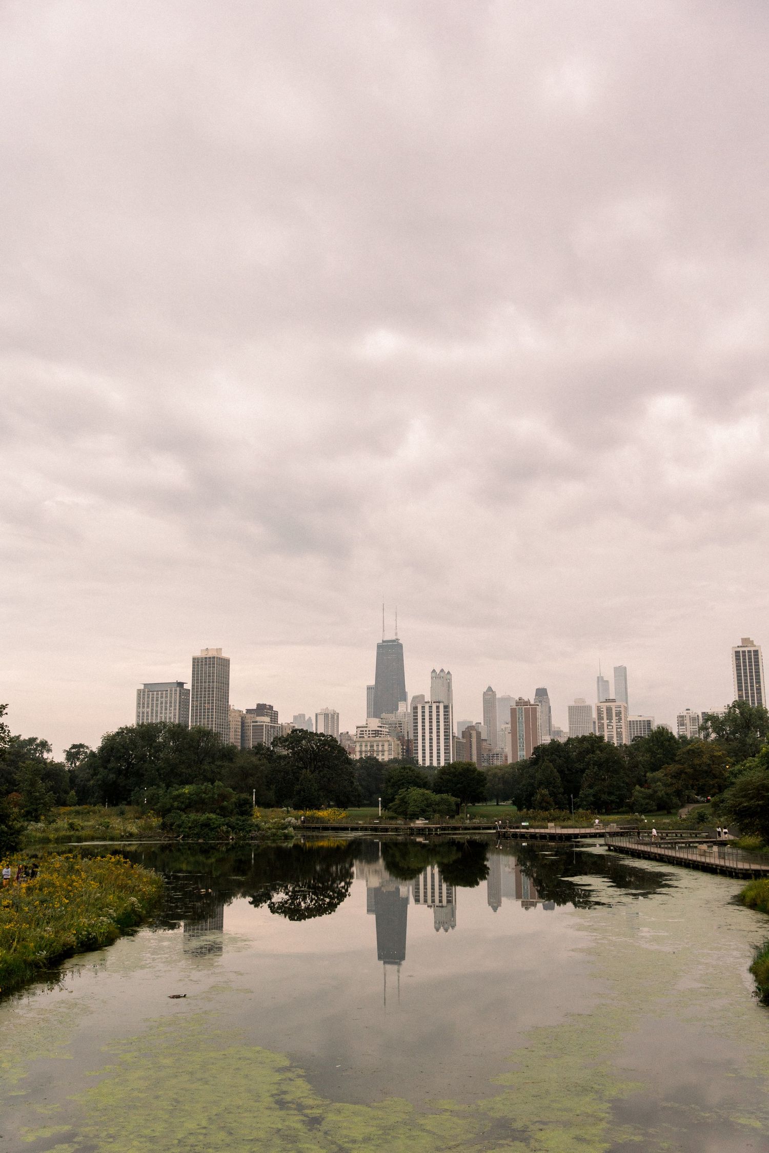 Chicago skyline reflecting in a calm park pond on a cloudy day, with lush green trees in the foreground.