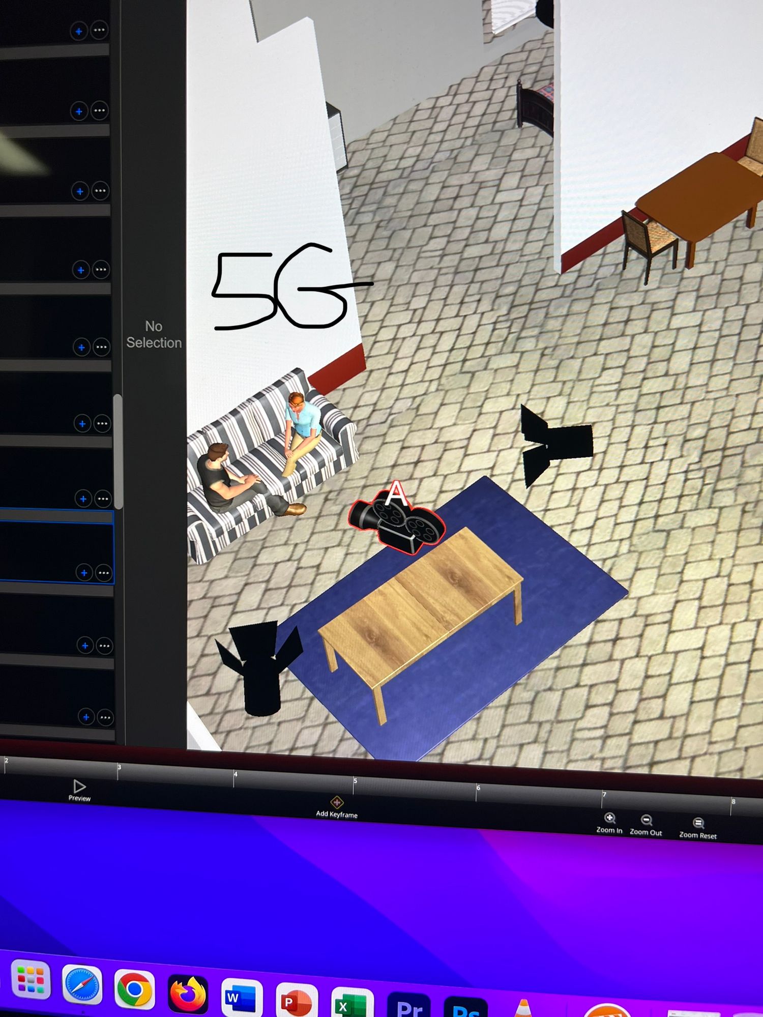 A shot set up in ShotPro, a 3D storyboarding program.