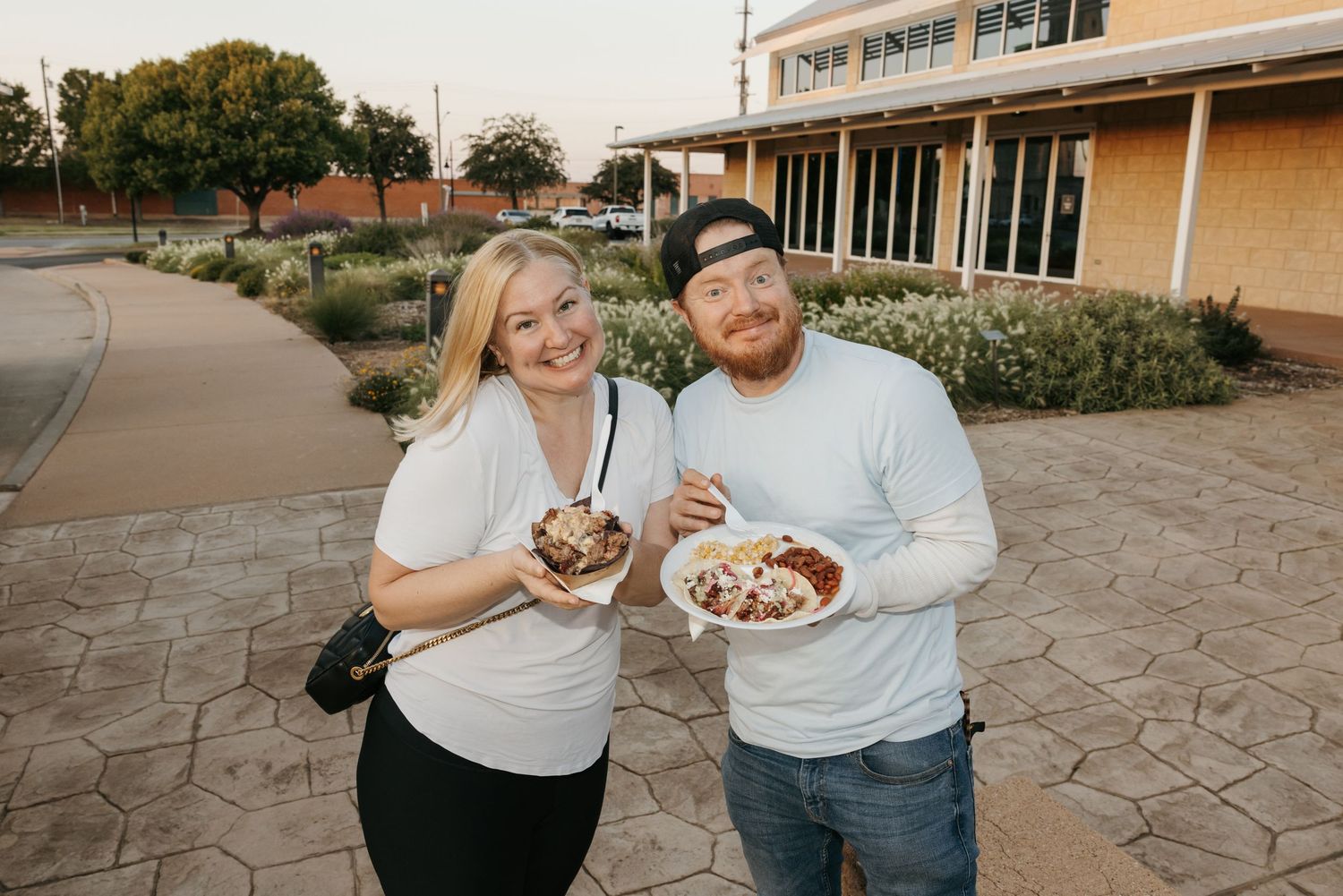 A series of six connected photos showing a couple posing and holding desserts at an outdoor patio venue.