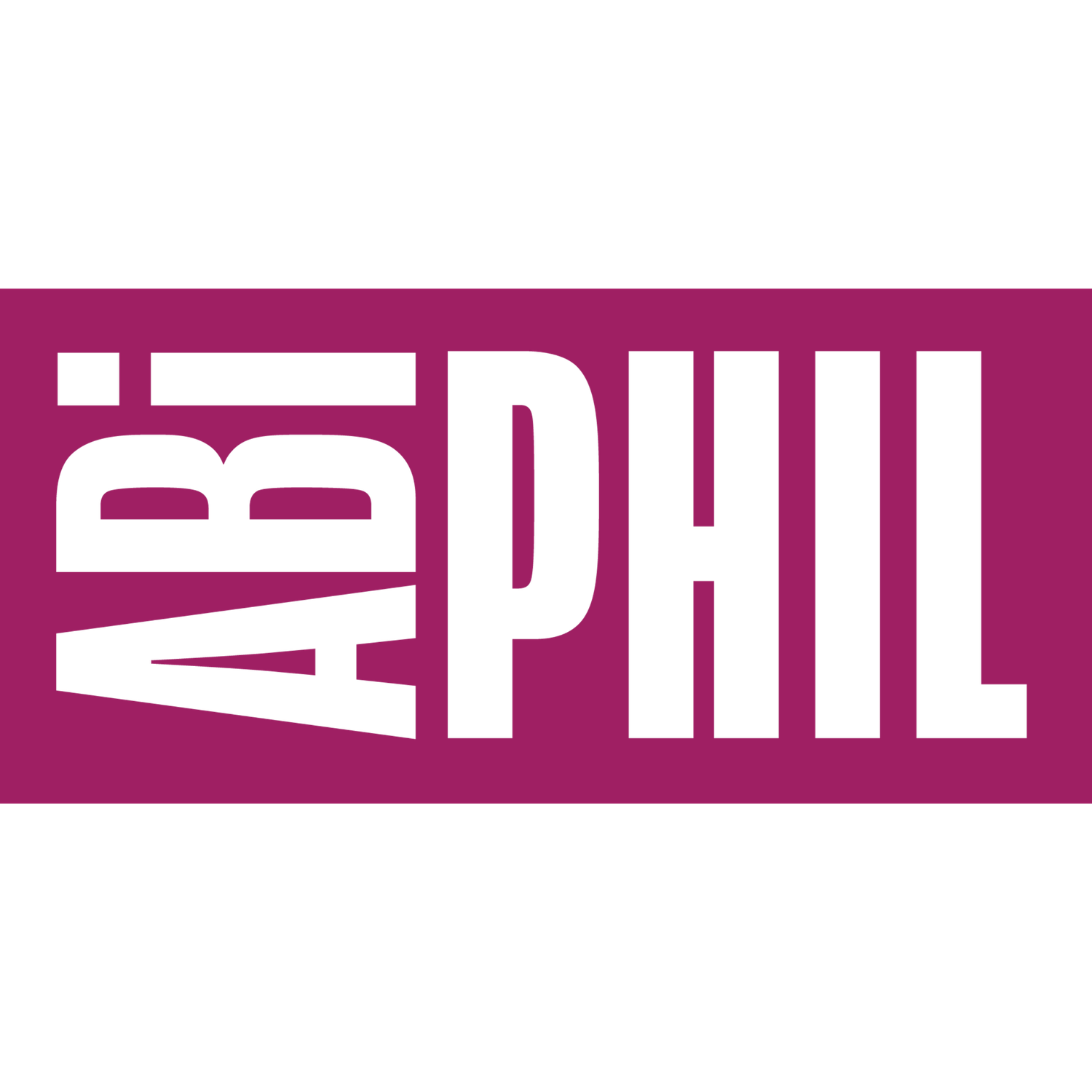 ABI PHIL logo in white bold text on a magenta purple rectangular background.