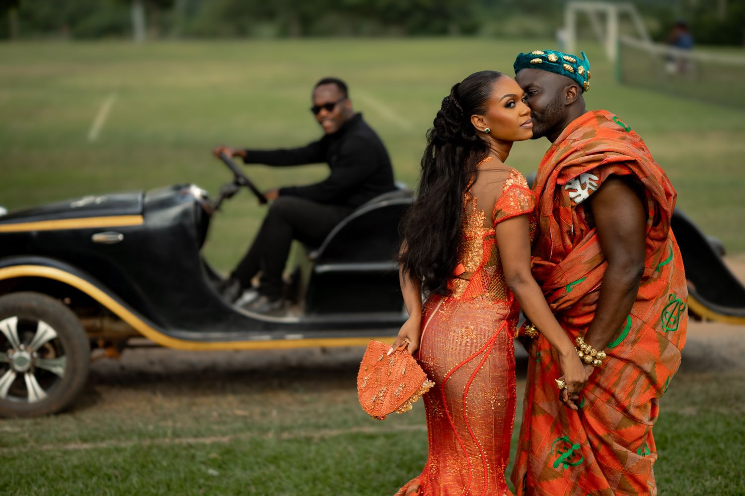 Luxury wedding portrait of bride and groom in Safari valley, Ghana