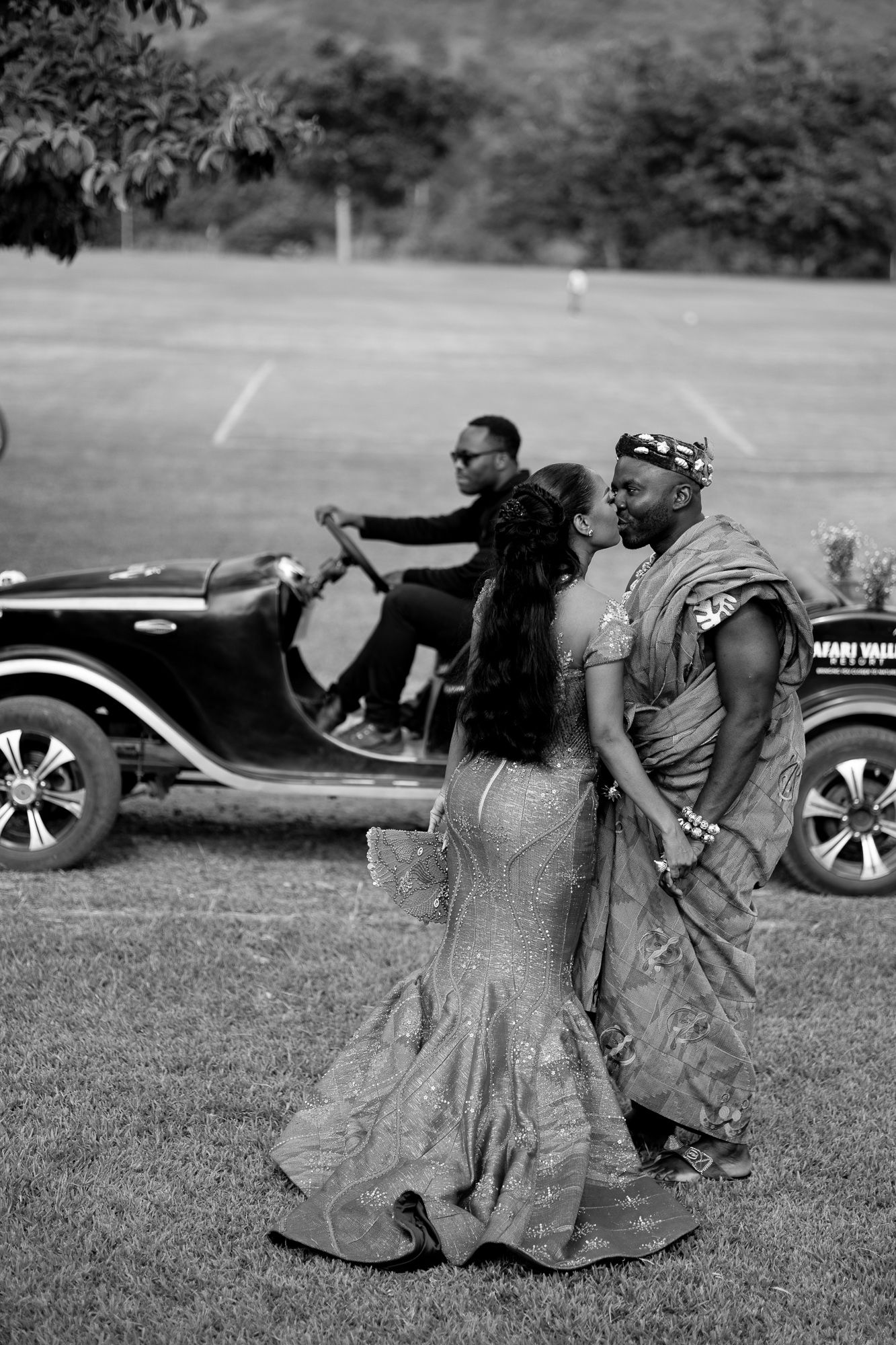 Luxury wedding portrait of bride and groom in Safari valley, Ghana