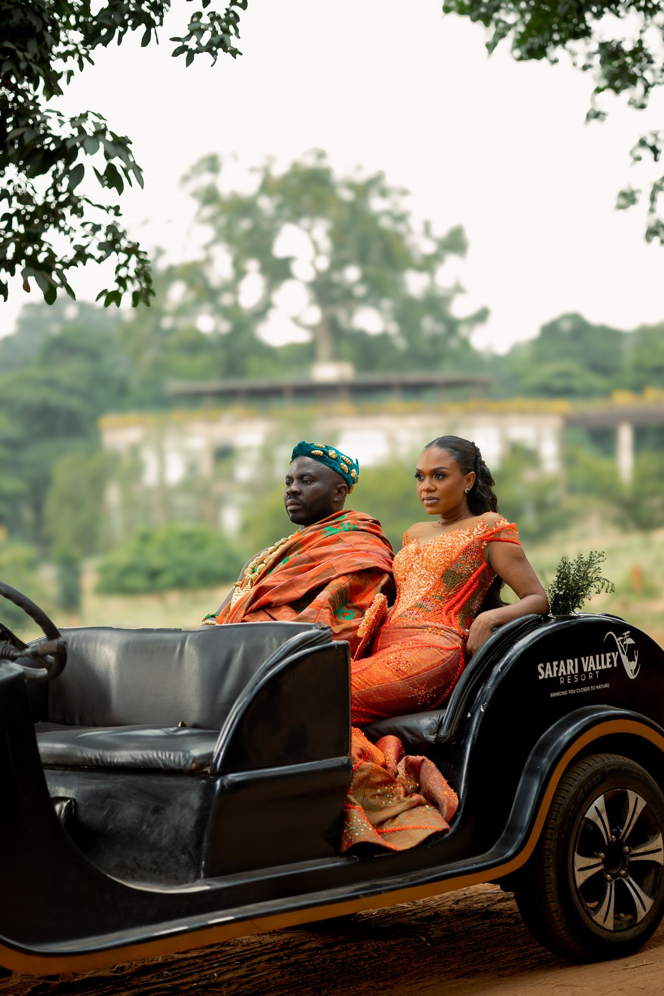 Luxury wedding portrait of bride and groom in Safari valley, Ghana