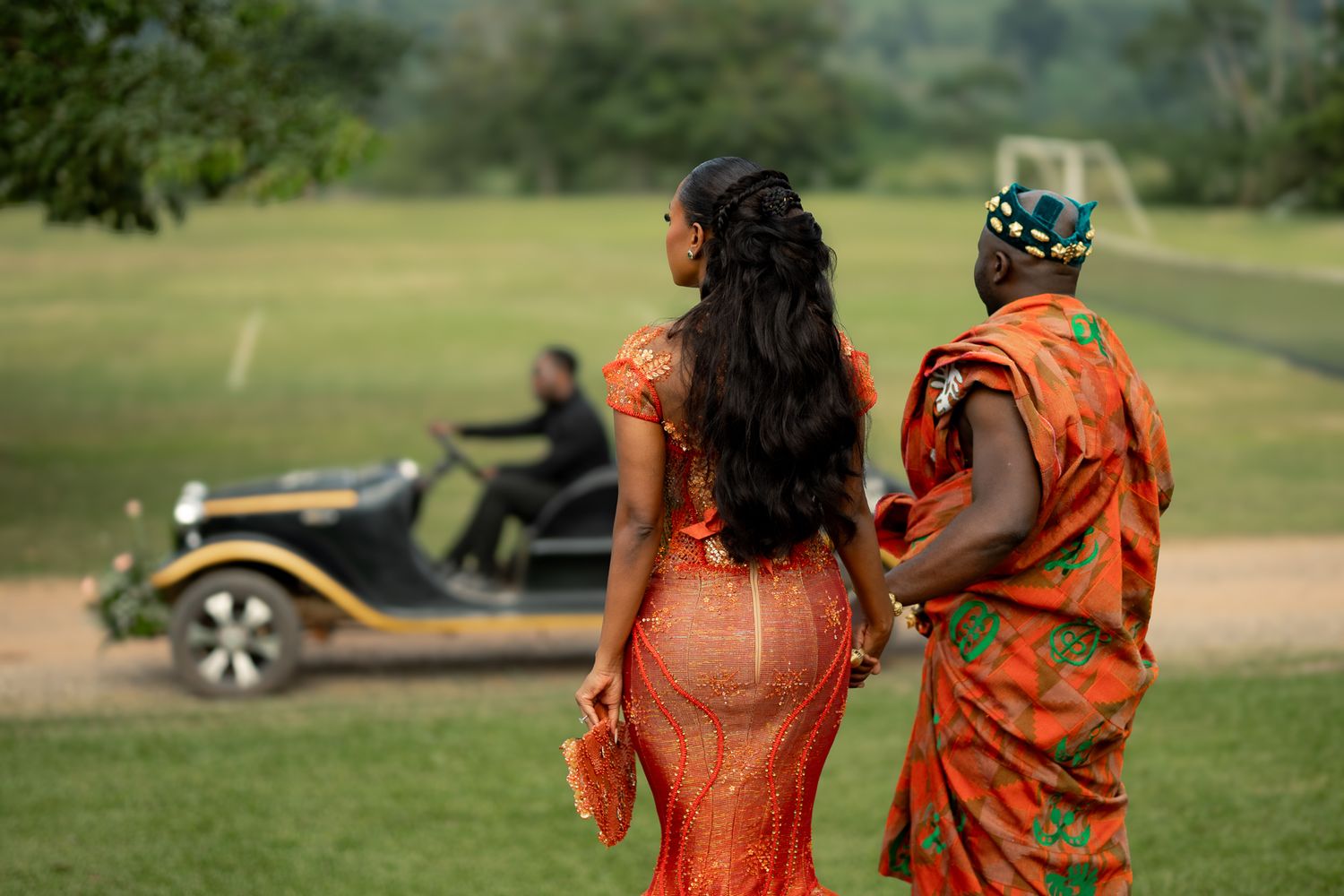 Luxury wedding portrait of bride and groom in Safari valley, Ghana