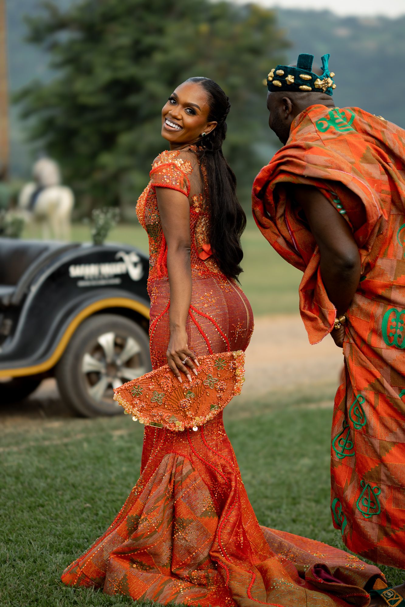 Luxury wedding portrait of bride and groom in Safari valley, Ghana