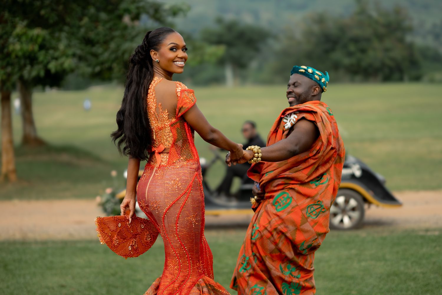 Luxury wedding portrait of bride and groom in Safari valley, Ghana