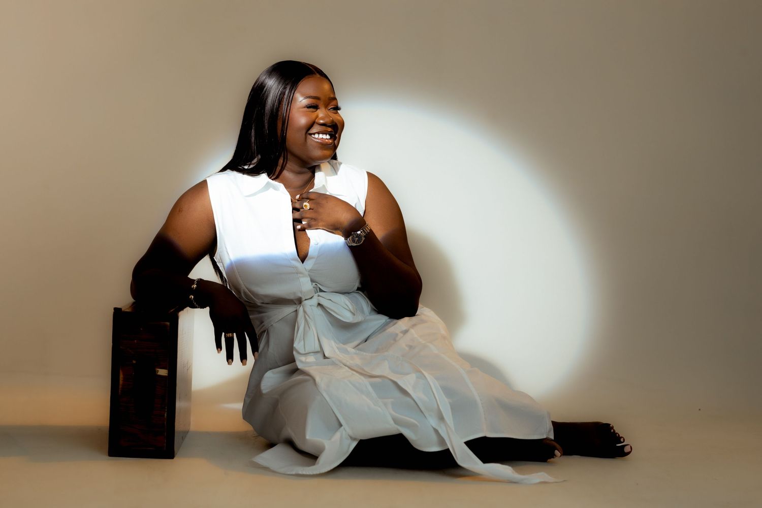Cinematic lifestyle portrait in studio Accra setting