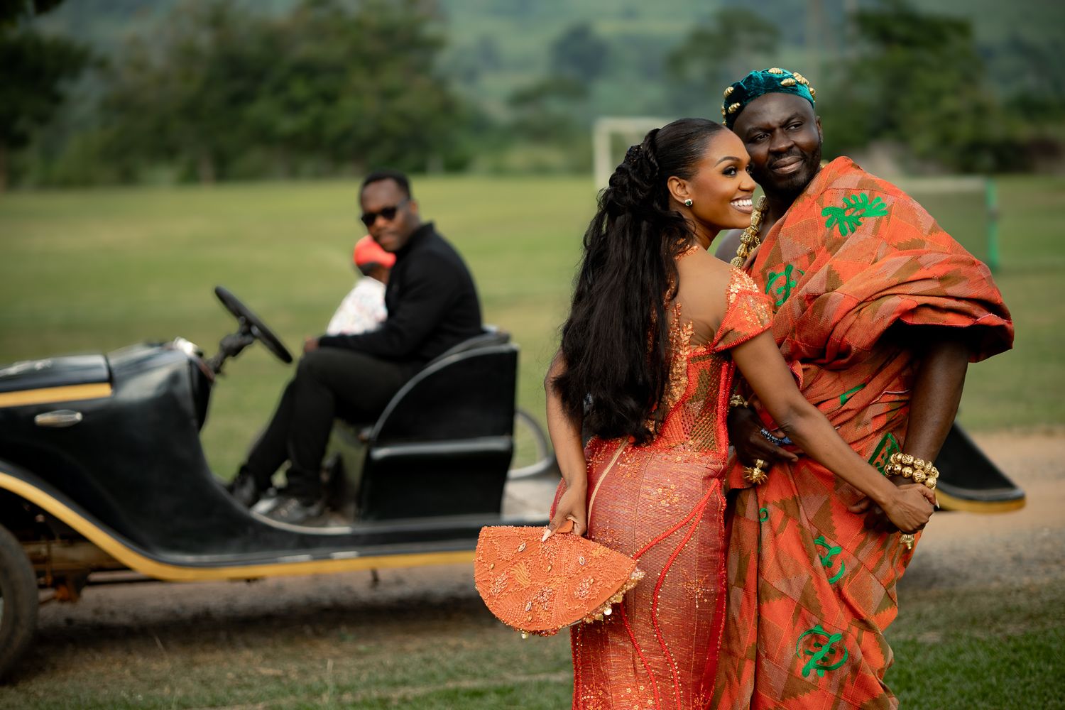 Luxury wedding portrait of bride and groom in Safari valley, Ghana