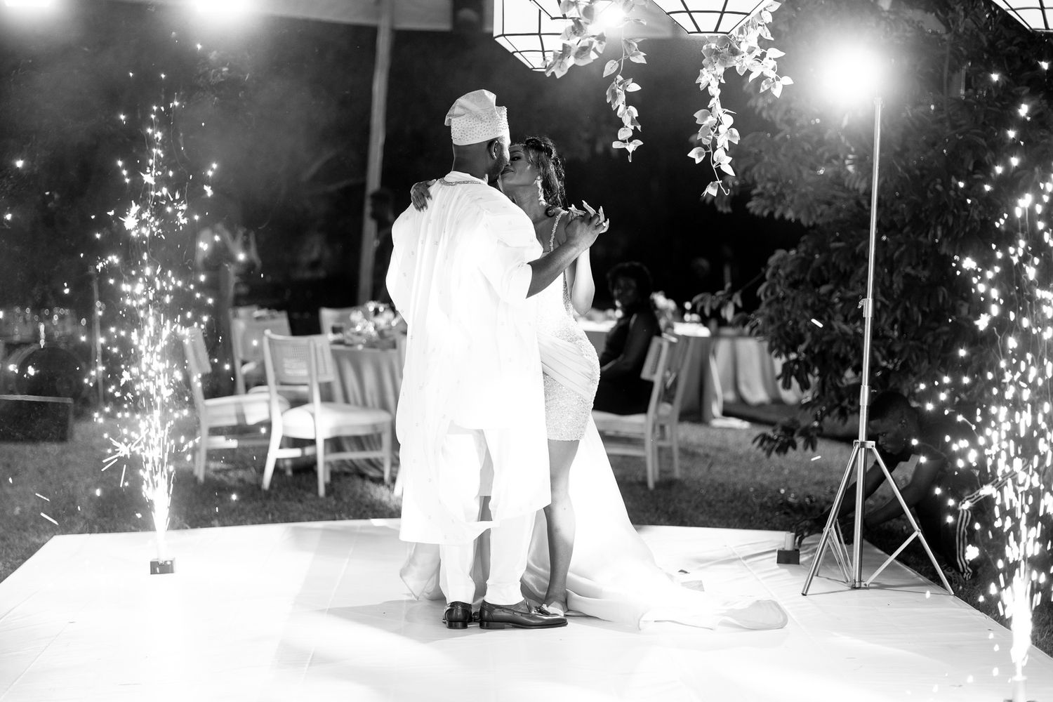 Bride and groom sharing their first dance at wedding reception