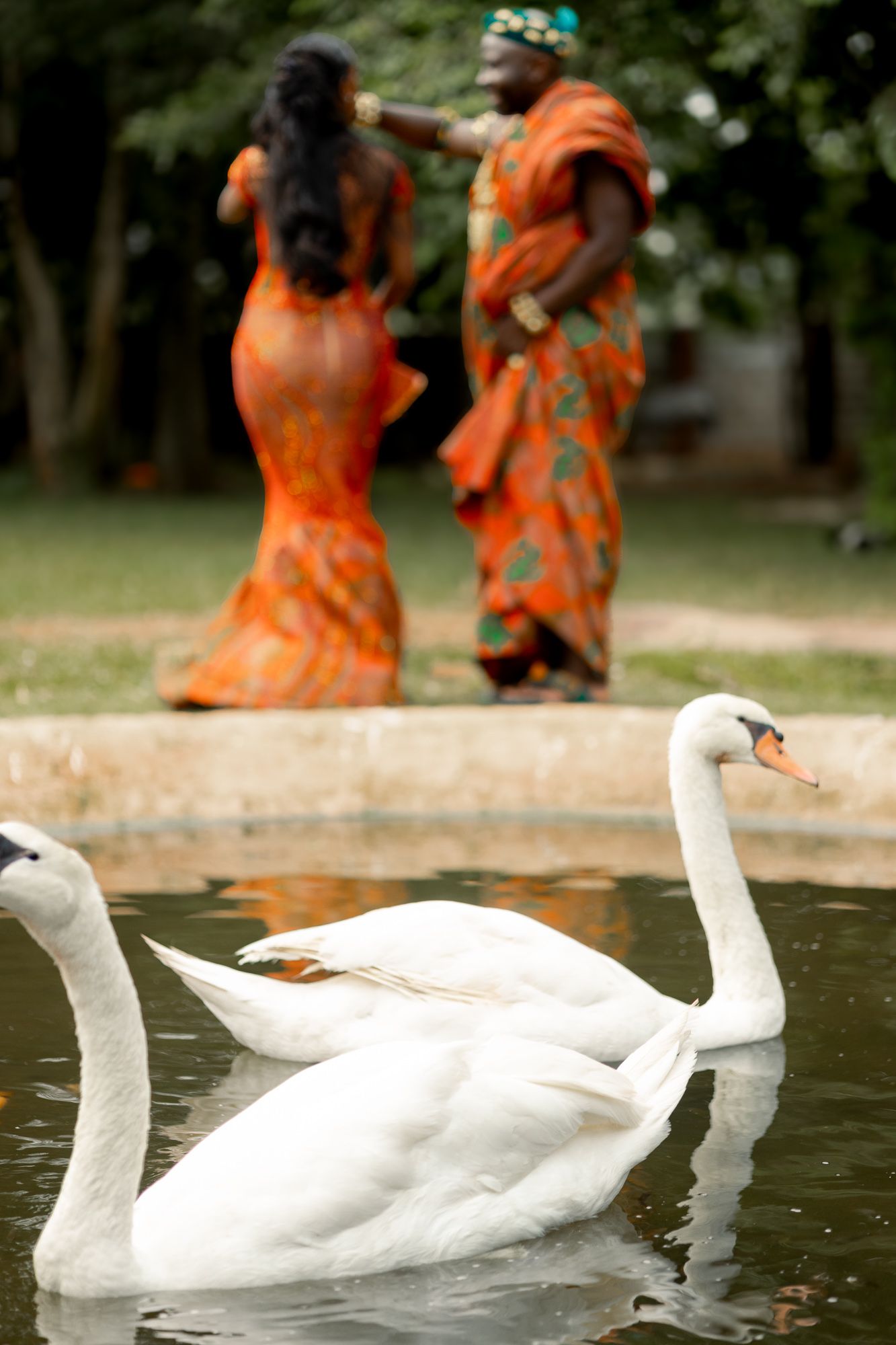 Luxury wedding portrait of bride and groom  with duck in Safari valley, Ghana
