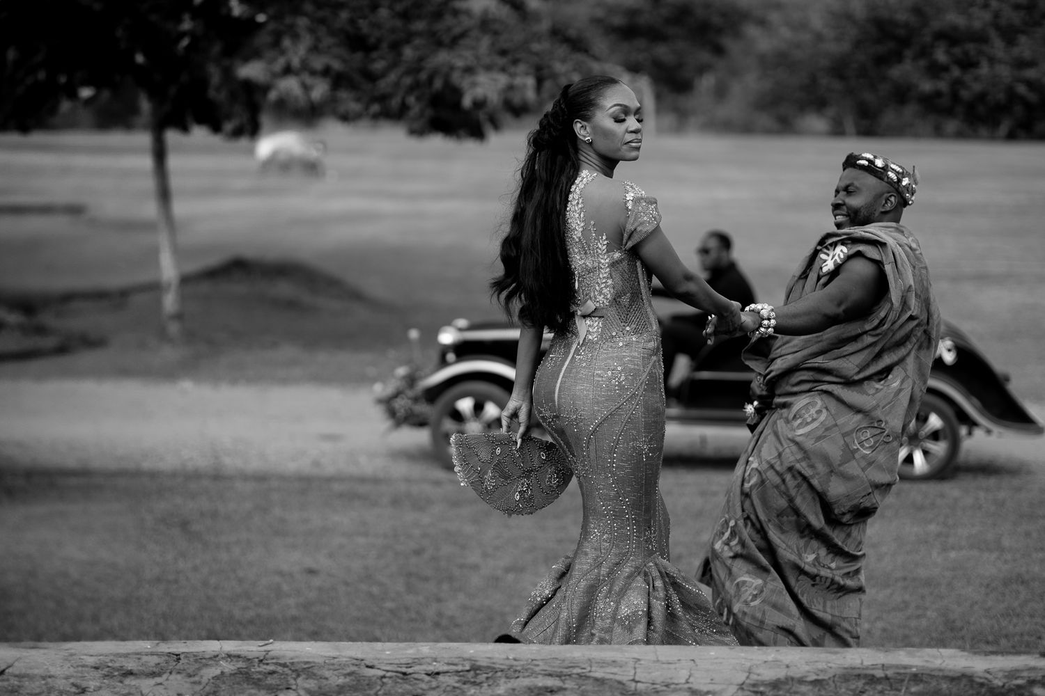 Luxury wedding portrait of bride and groom in Safari valley, Ghana