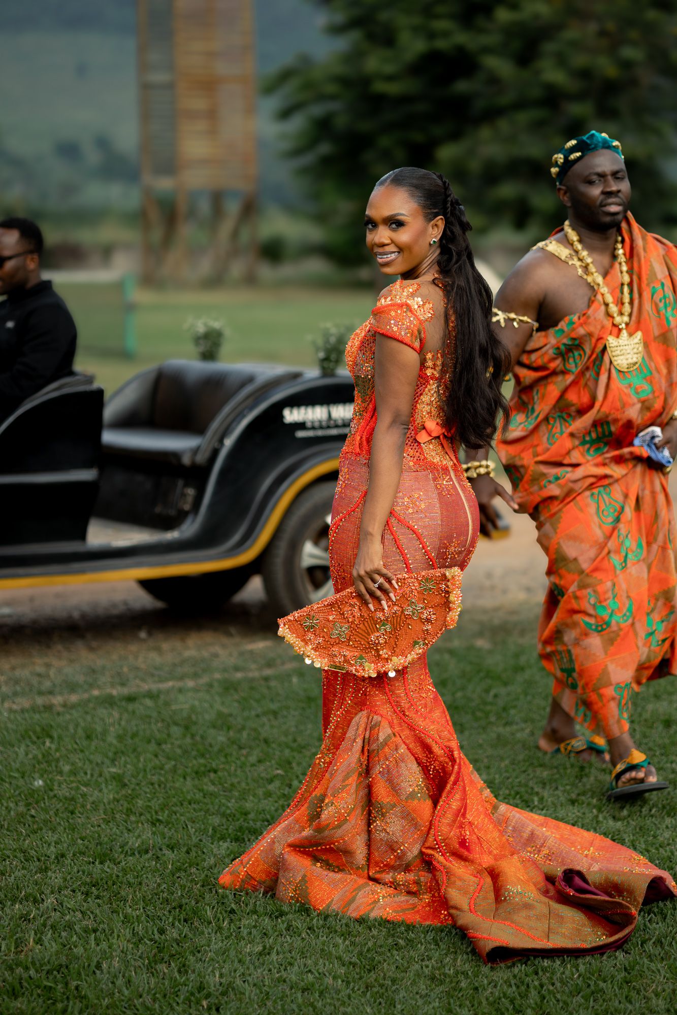 Luxury wedding portrait of bride and groom in Safari valley, Ghana