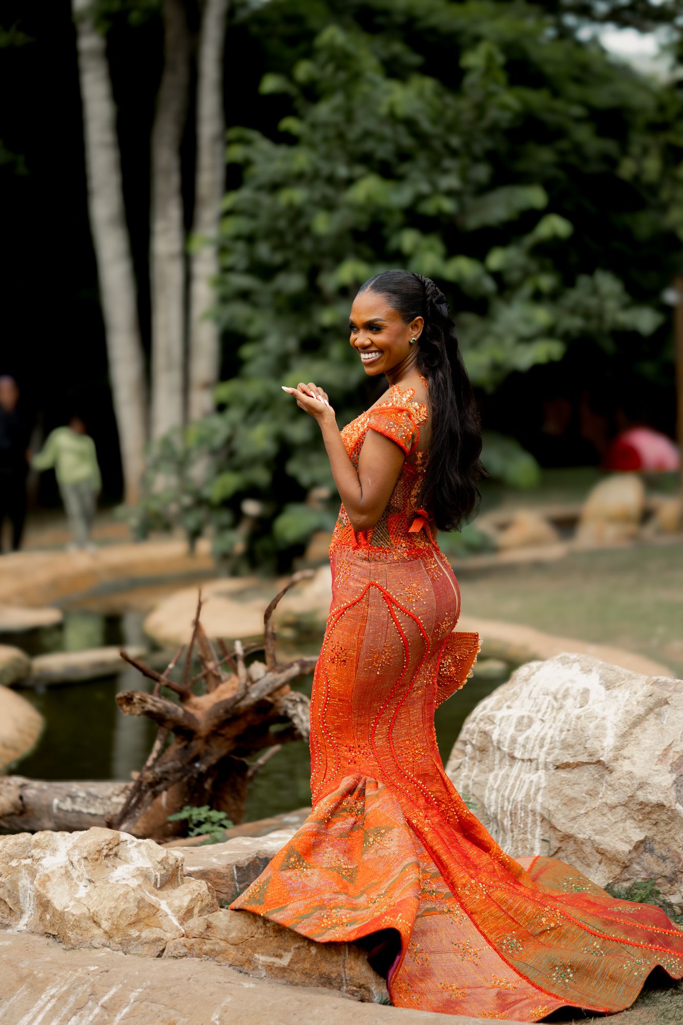 Luxury wedding portrait of bride and groom  with duck in Safari valley, Ghana