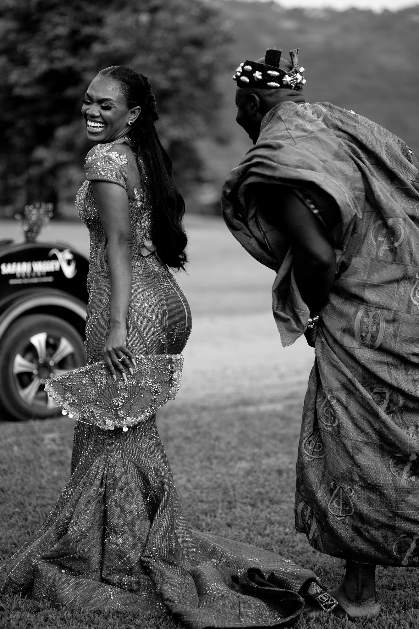 Luxury wedding portrait of bride and groom in Safari valley, Ghana