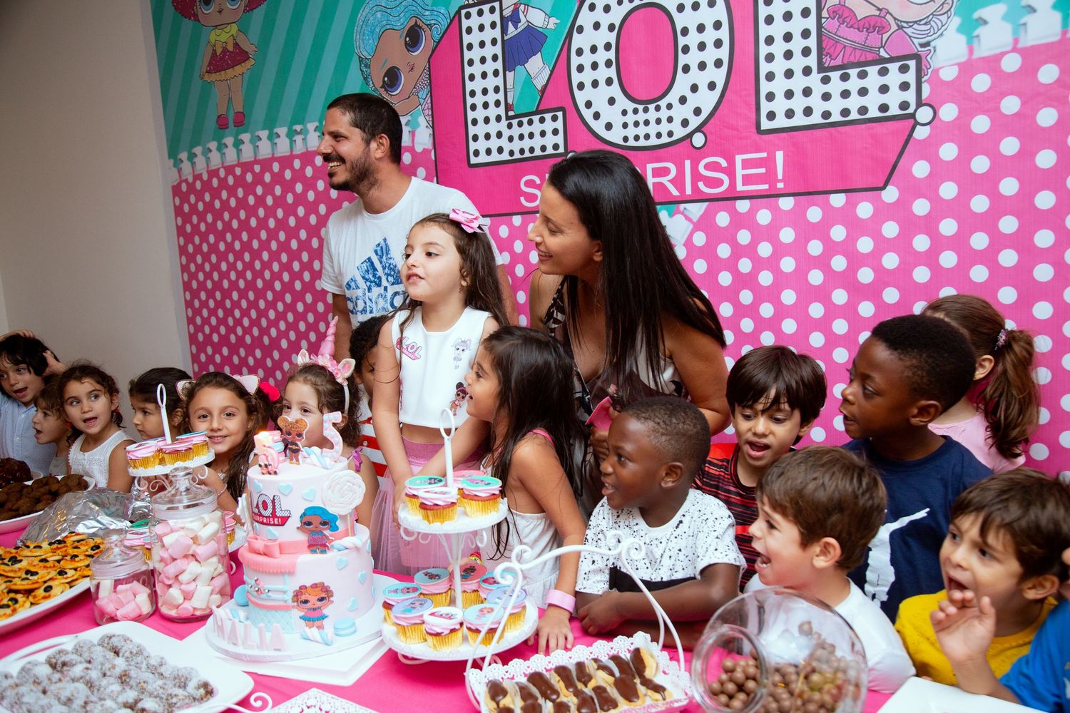 Colorful 5th birthday party setup with balloons and themed decor