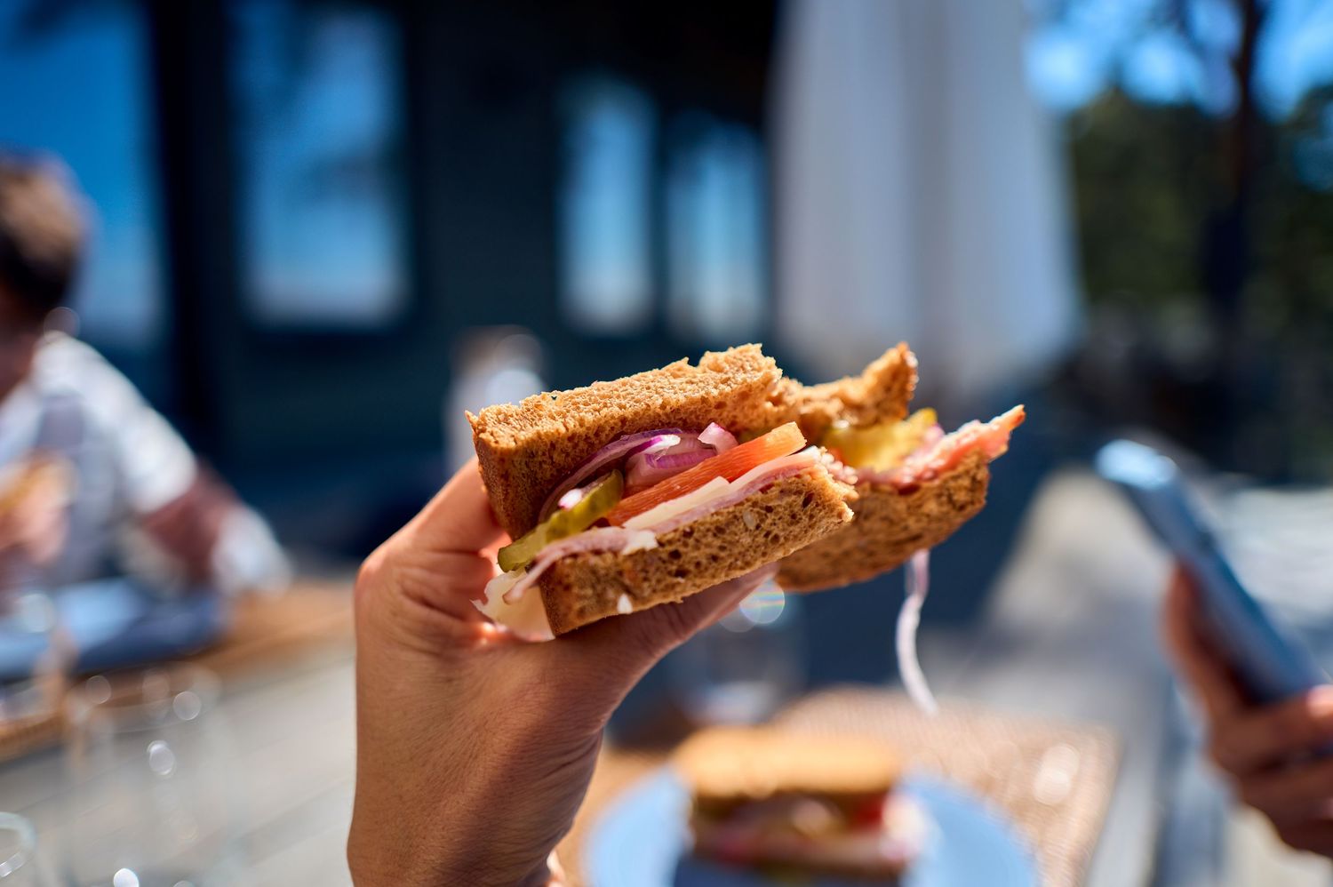 Grilled sandwich being held up showing melted cheese and filling.