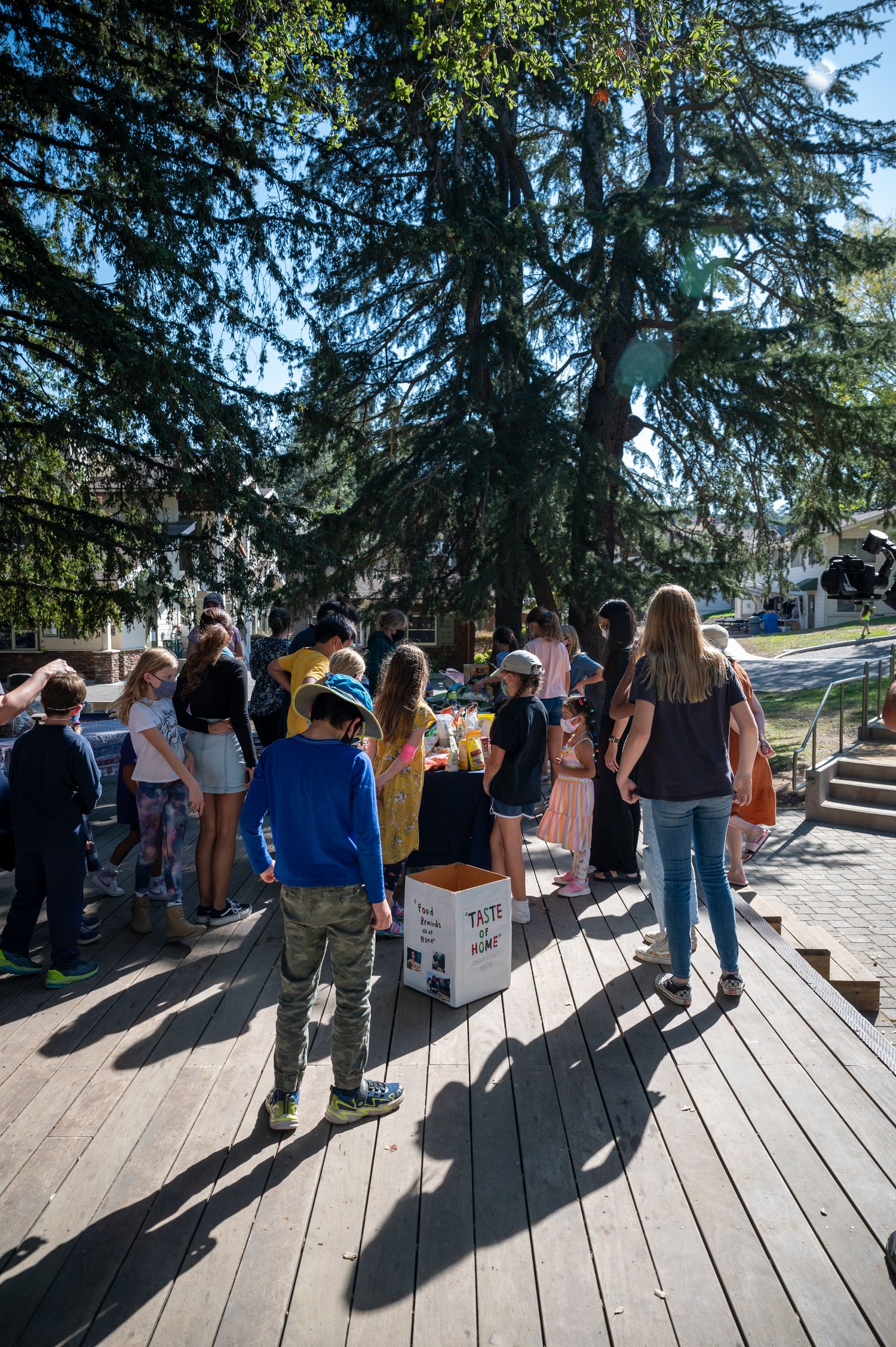 A crowd of people gather on a wooden deck under tall pine trees.