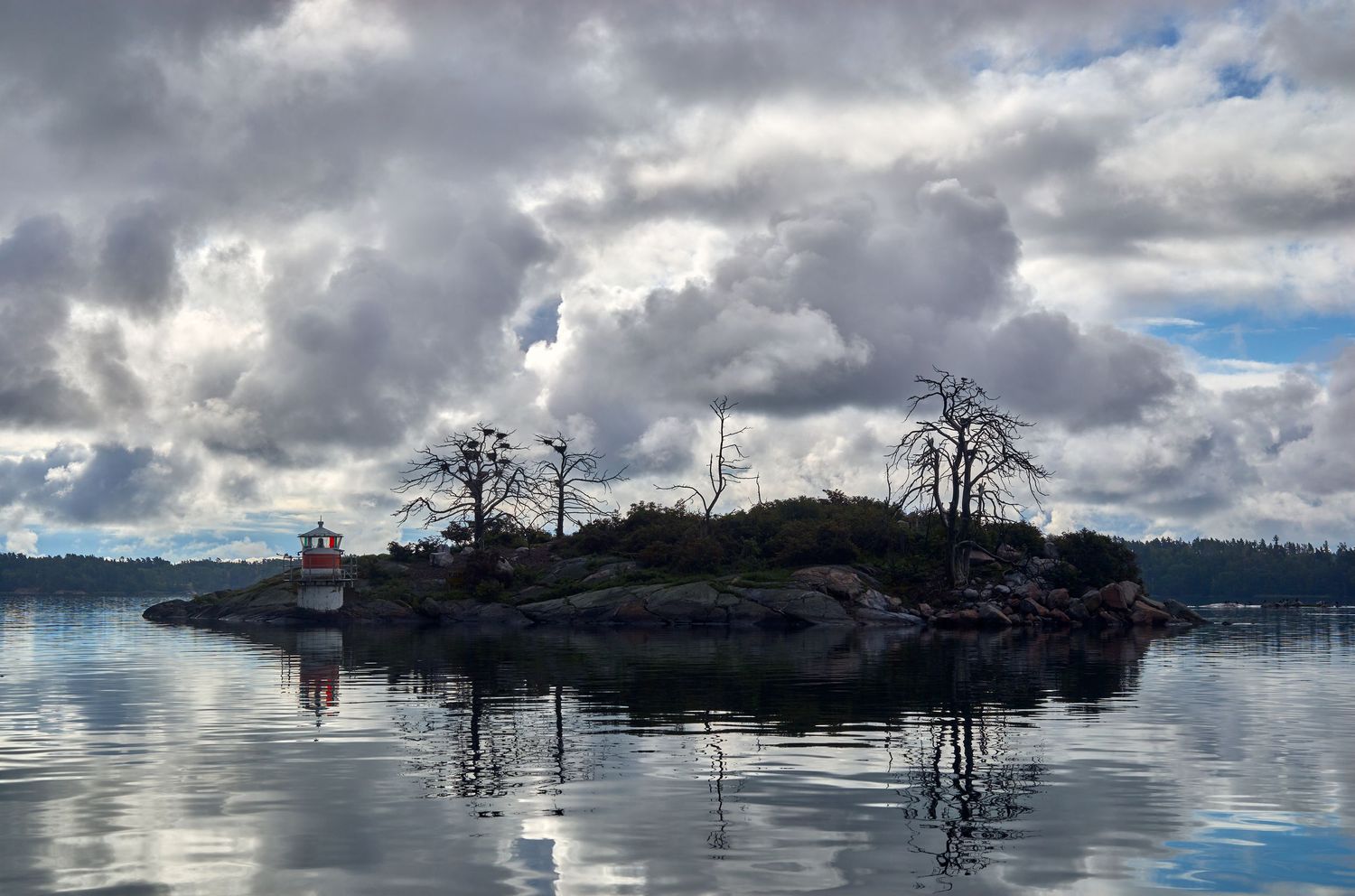 Dramatic storm clouds reflect over small island with bare trees in peaceful lake waters.
