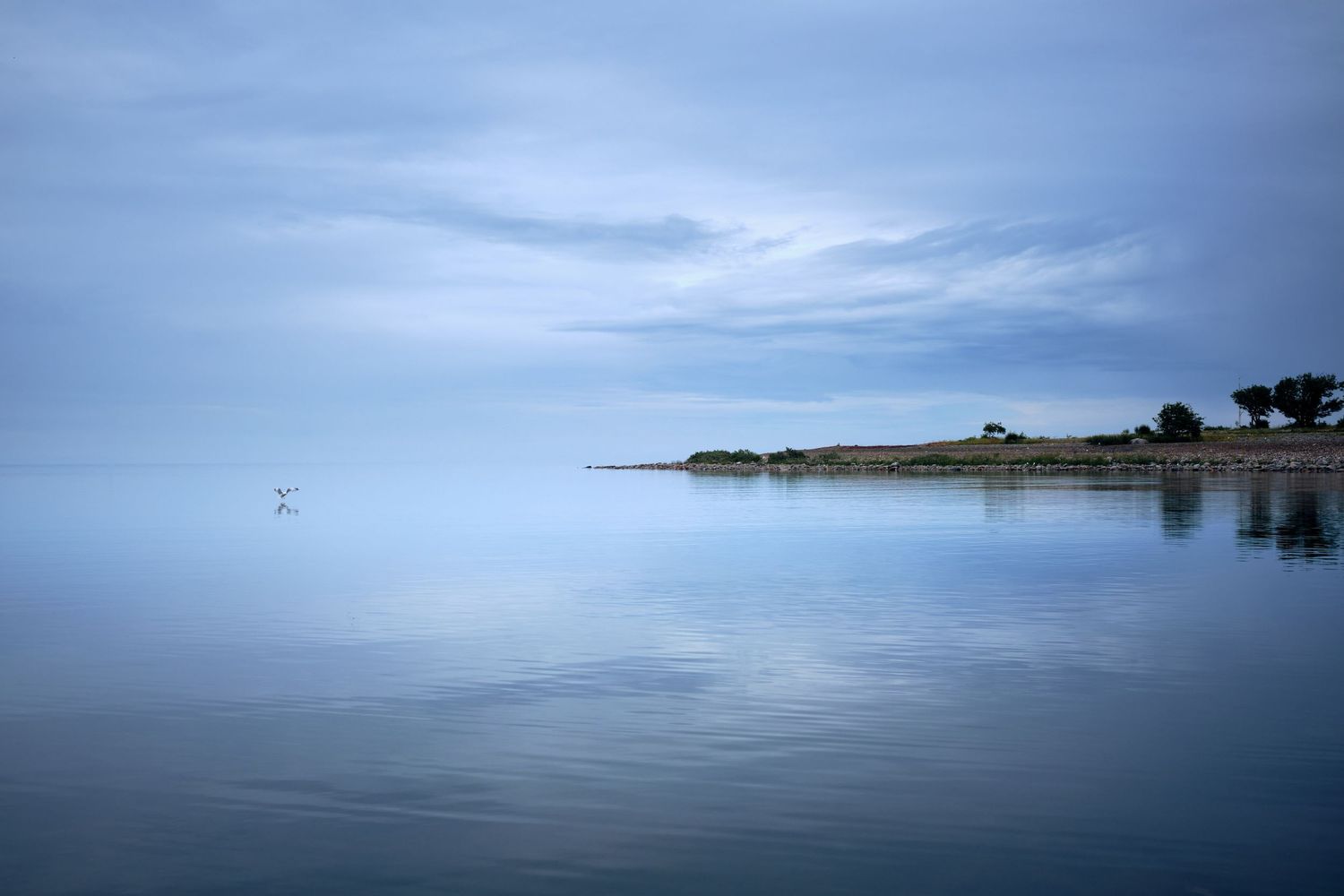 Serene coastal landscape with misty blue waters and distant shoreline under cloudy skies.