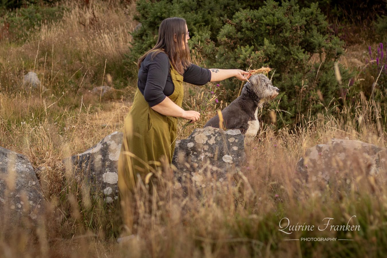 Dog and owner during a Celtic-inspired photoshoot in West Cork