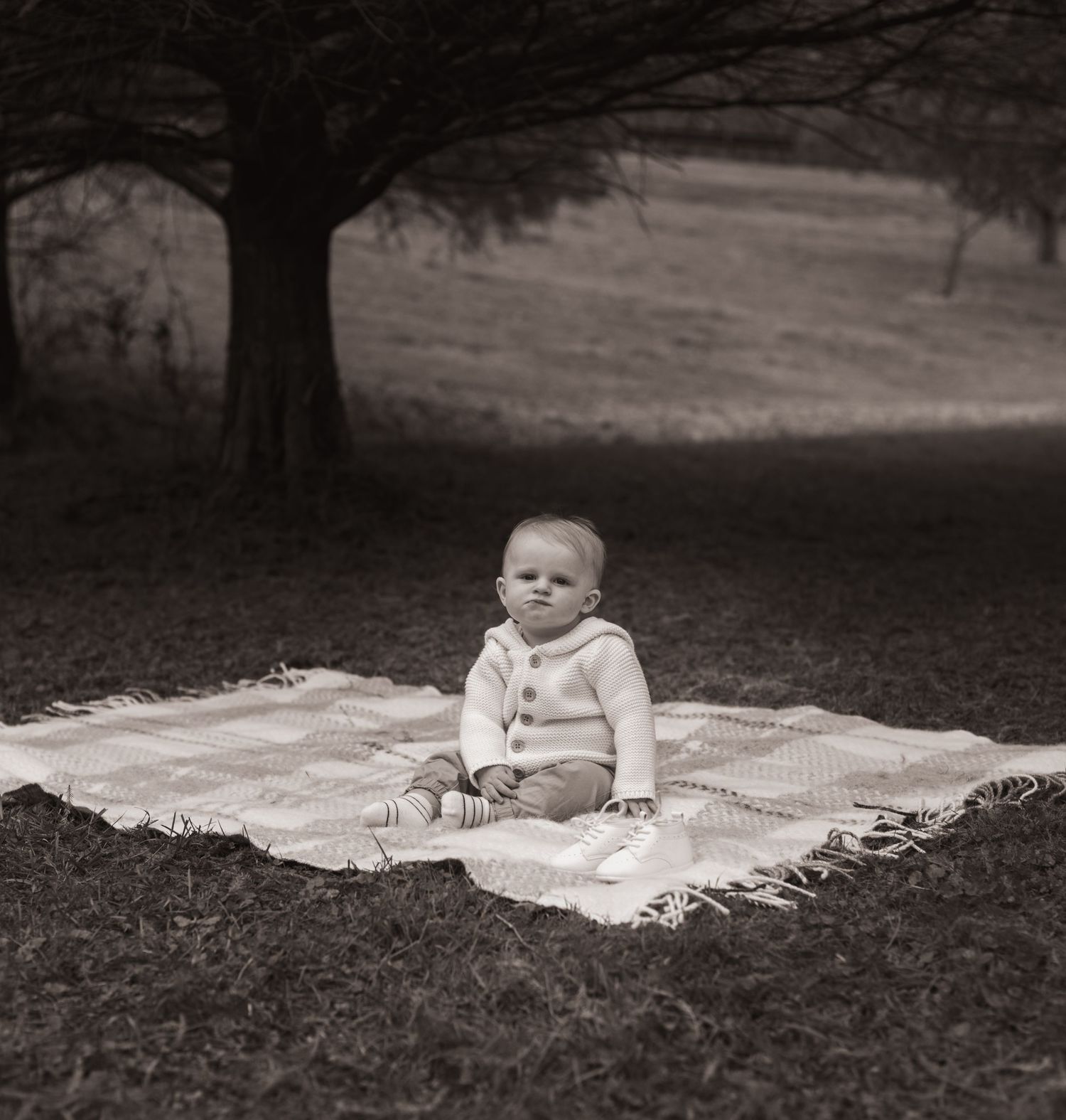 A series of black and white photos showing a baby sitting on a blanket outdoors in a park-like setting.