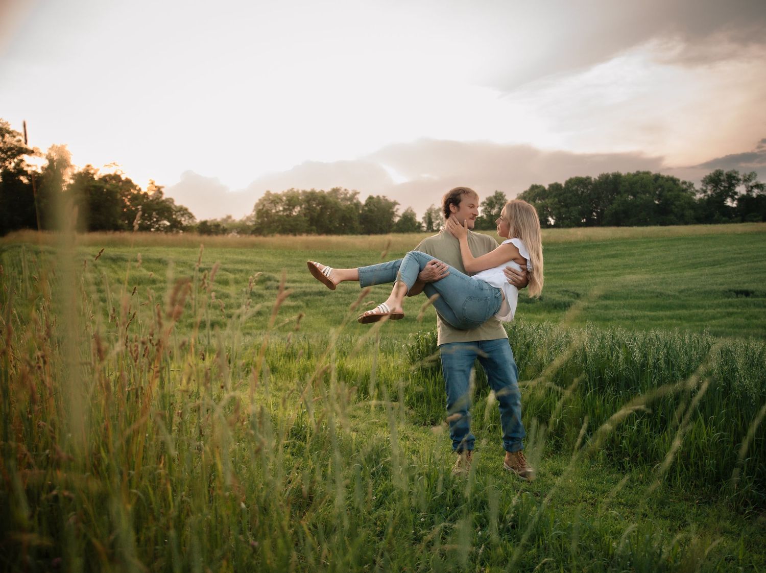 A series of sunset field photos showing someone walking and jumping through tall grass at golden hour.