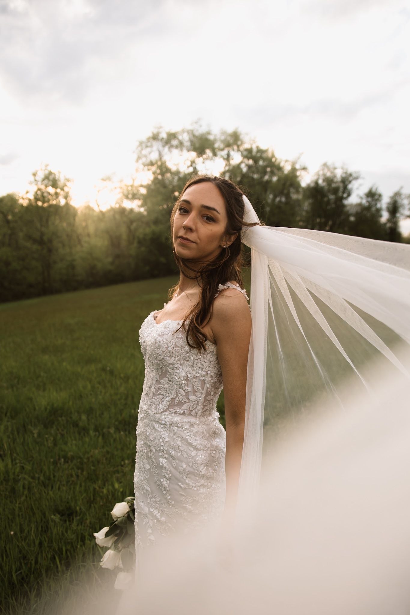 Bride in lace gown and flowing veil poses outdoors at golden hour with green fields and trees behind her.