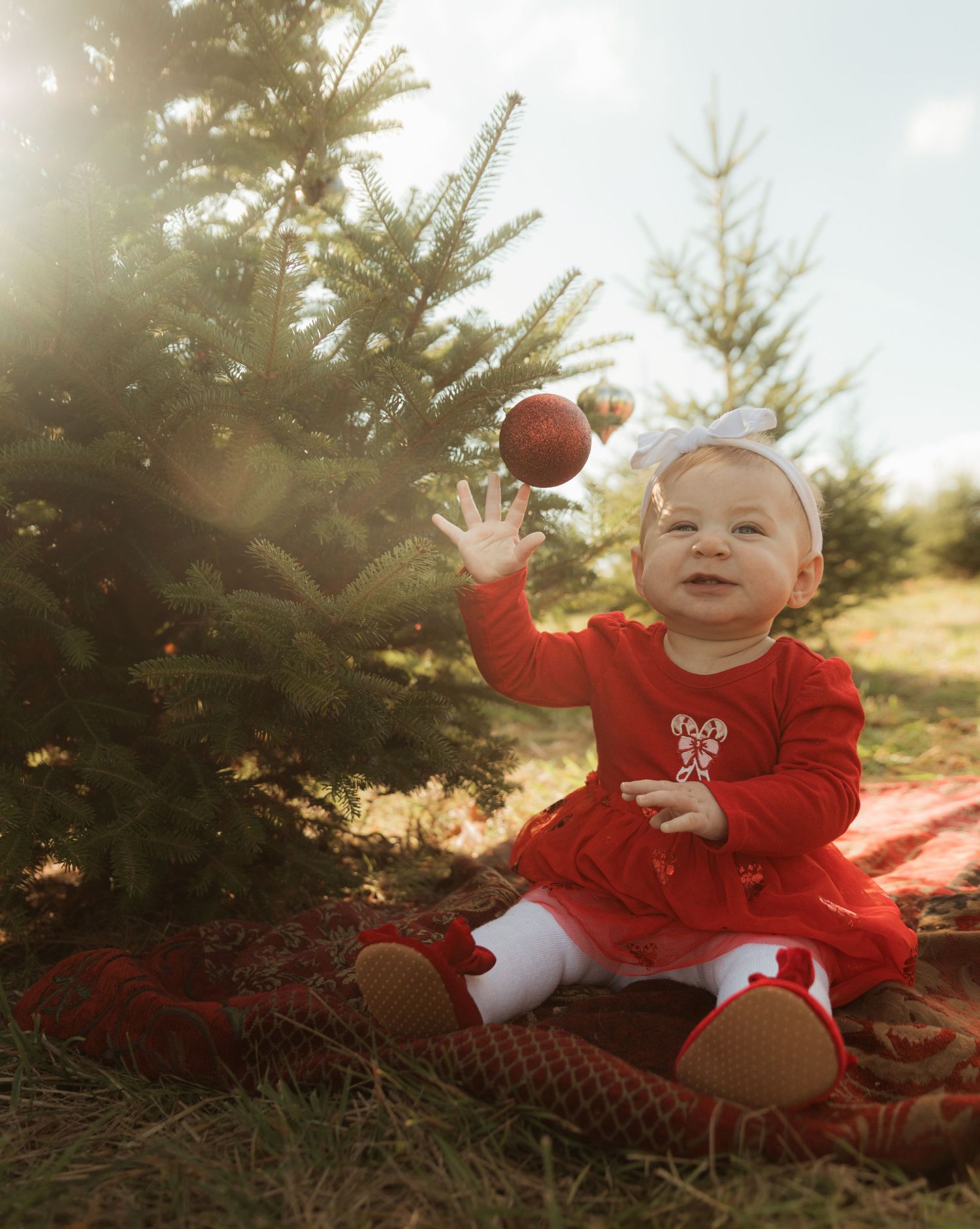 A baby in a festive red dress sits on a blanket near evergreen trees during a sunlit outdoor photo session.