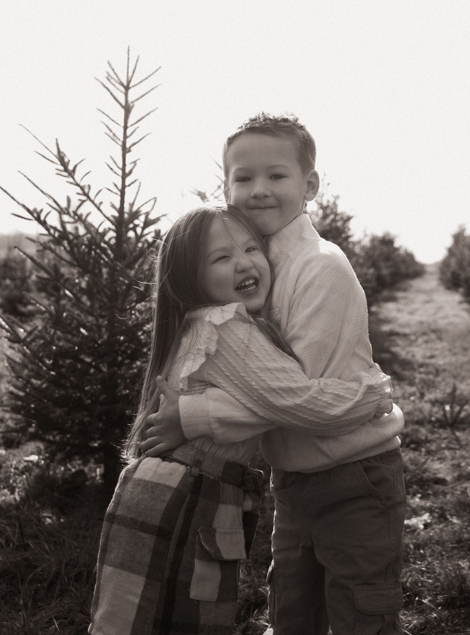 Two young children share warm embraces in a series of black and white photos at a Christmas tree farm.