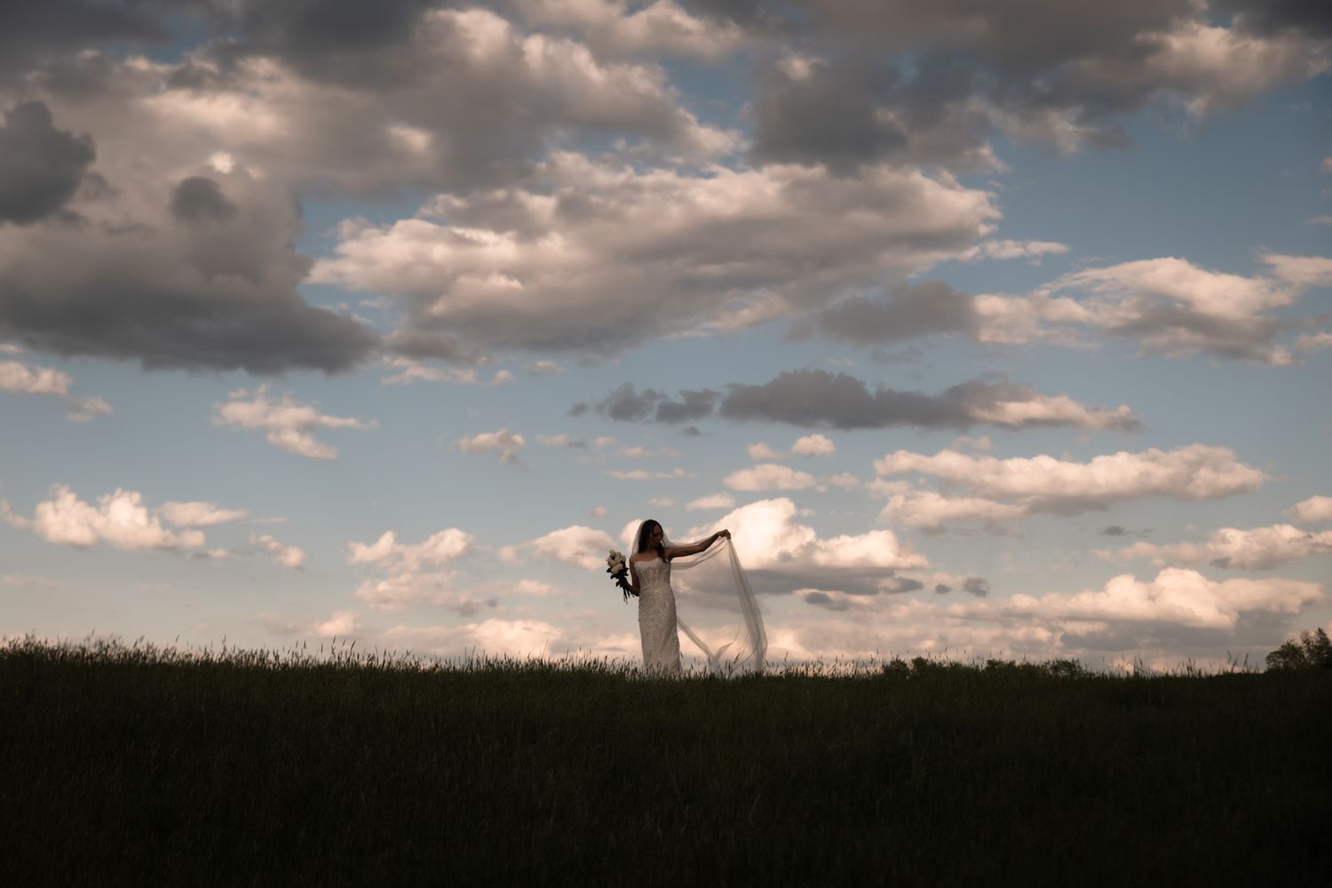 Bride in white dress holding bouquet stands in green field under dramatic cloudy sky at sunset.
