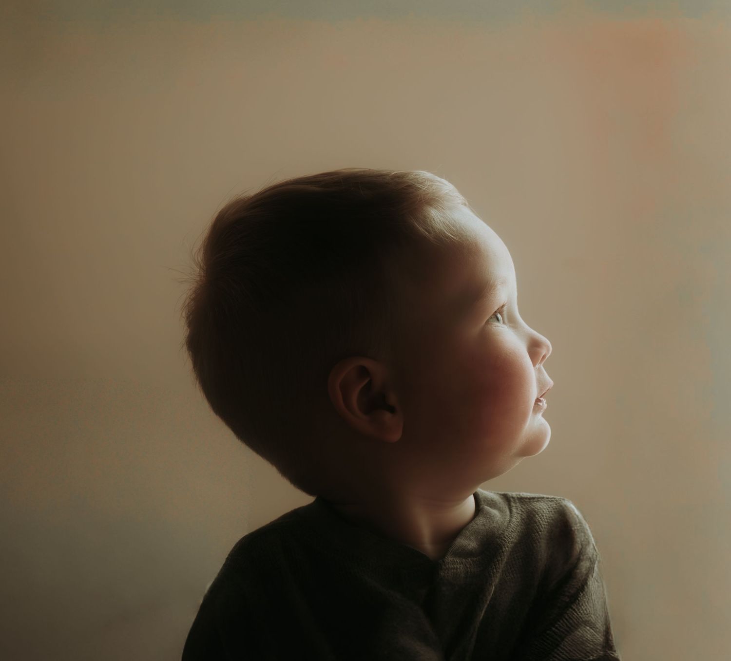 A person's silhouette in profile against a soft beige background creates a dramatic portrait series.