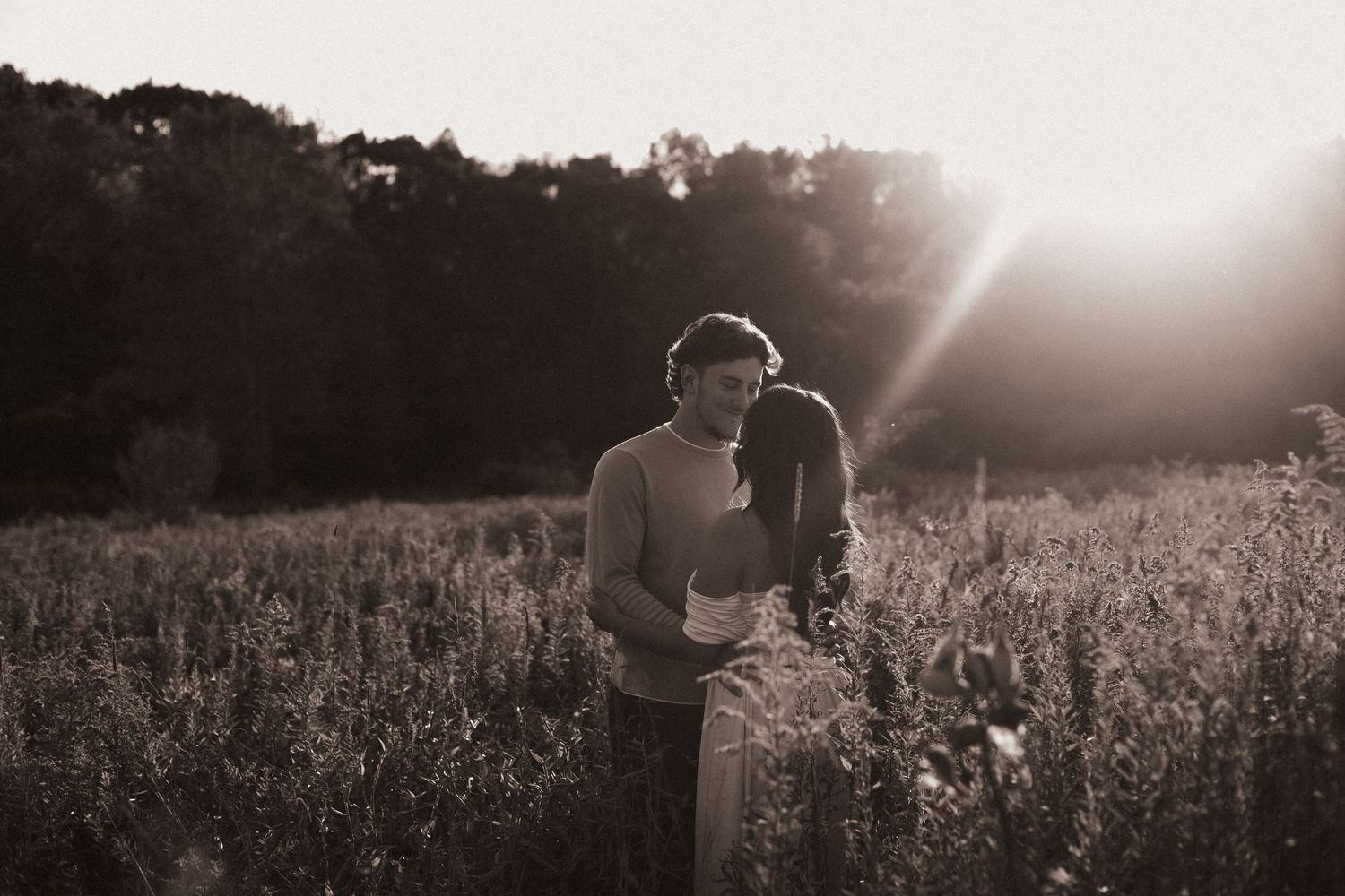 Romantic couple embracing in a sunlit field at golden hour, captured in black and white photography.