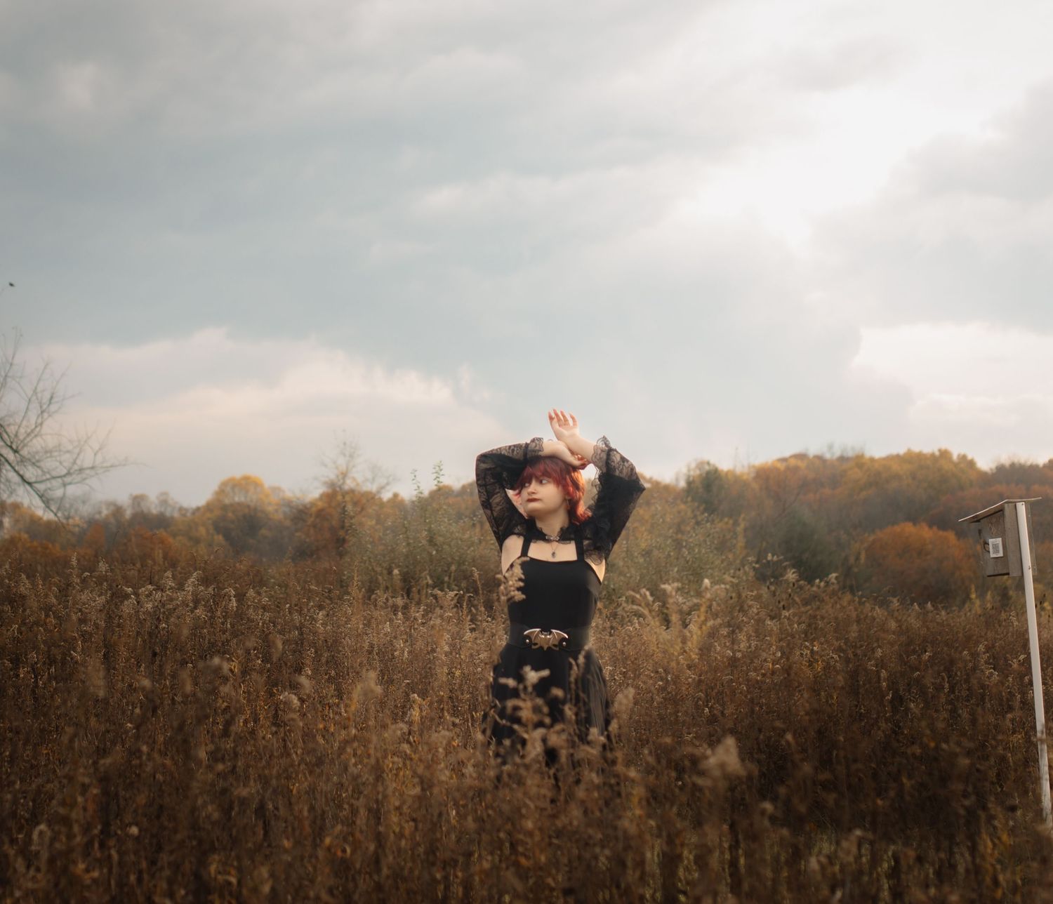 A young woman stands in a golden field raising her hand to her face under a dramatic cloudy sky in autumn.