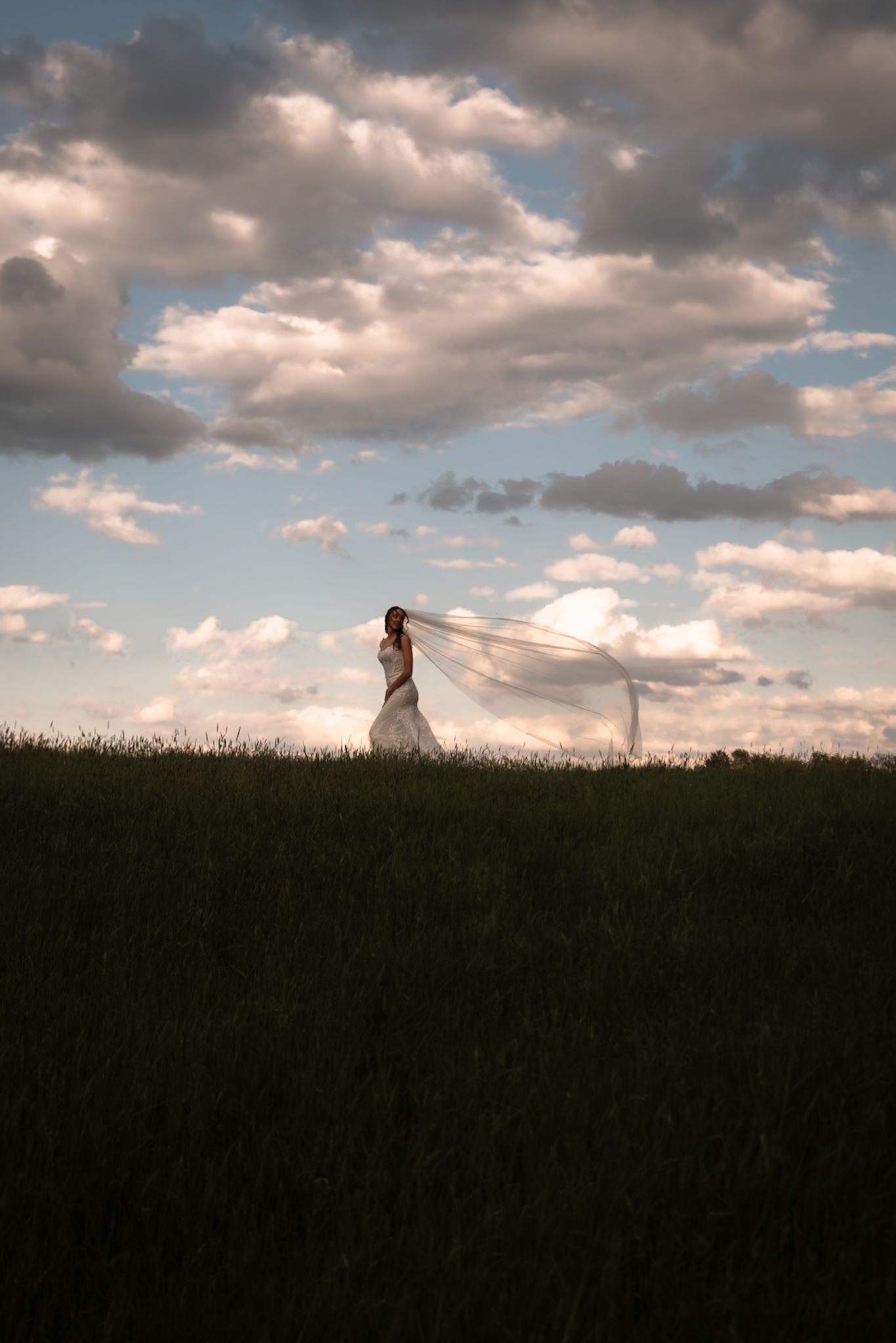Bride in white gown and flowing veil stands on green hill against dramatic cloudy sky at sunset.