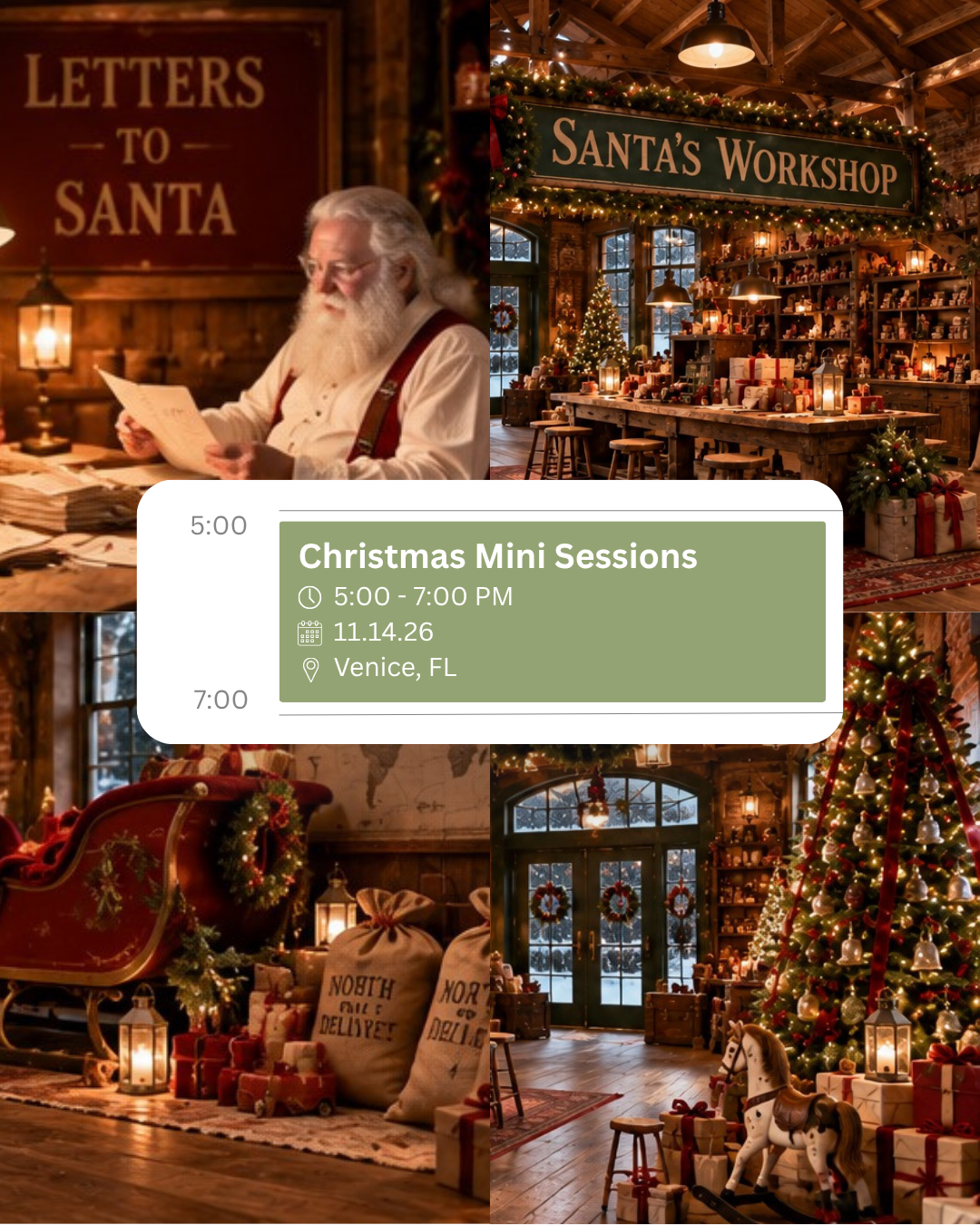 Christmas mini sessions promotional image featuring Santa, festive workshop backgrounds, Venice FL, 5-7 PM.