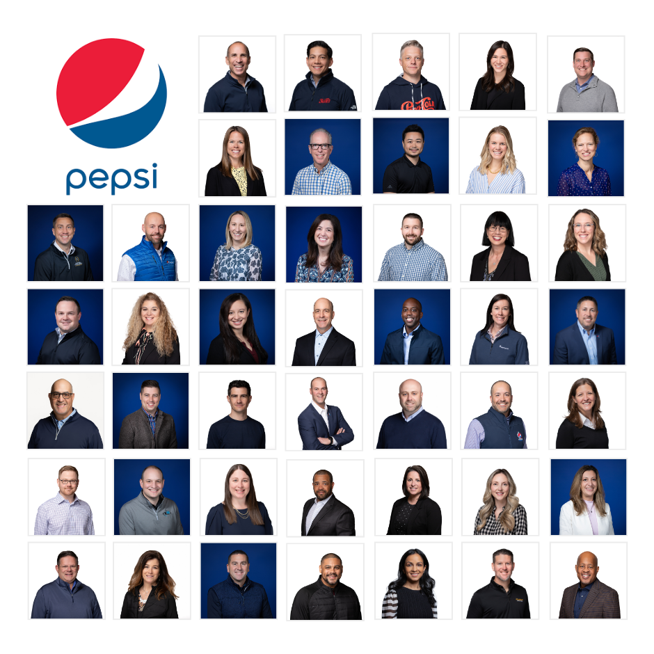 A professional Pepsi corporate team photo collage featuring diverse employees in business attire against blue and white backgrounds.