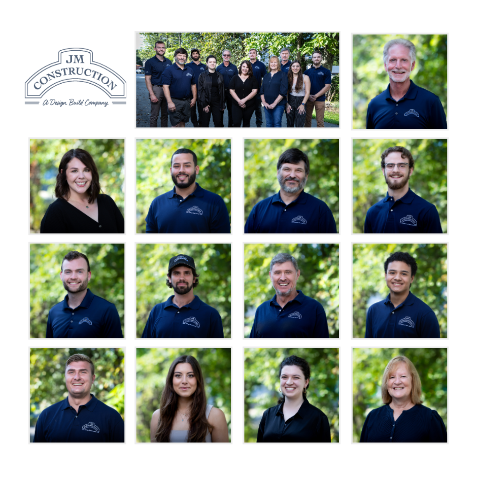 JM Construction team photo collage featuring staff portraits and group shot in matching navy polo shirts outdoors.