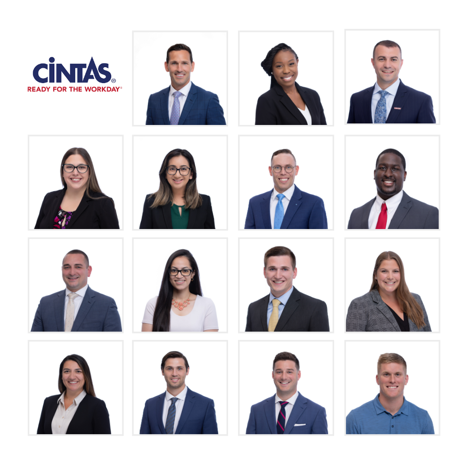 Cintas corporate team headshots featuring 15 professionals in business attire against a white background.
