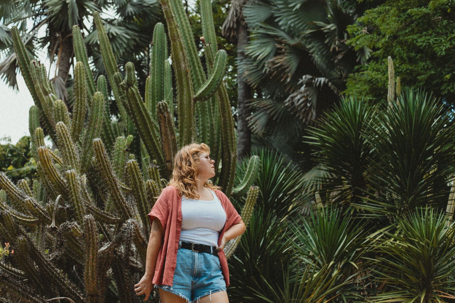 Woman in pink cardigan and denim shorts standing among tall cacti and tropical plants in a lush garden.