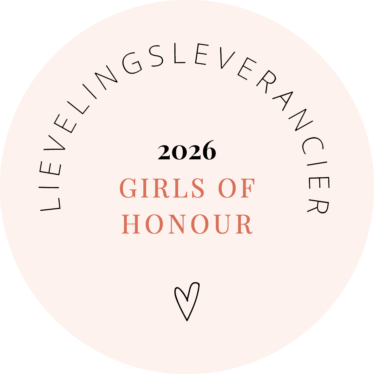 Girls of Honour 2026 Lievelingsleverancier award badge in blush pink with heart detail.