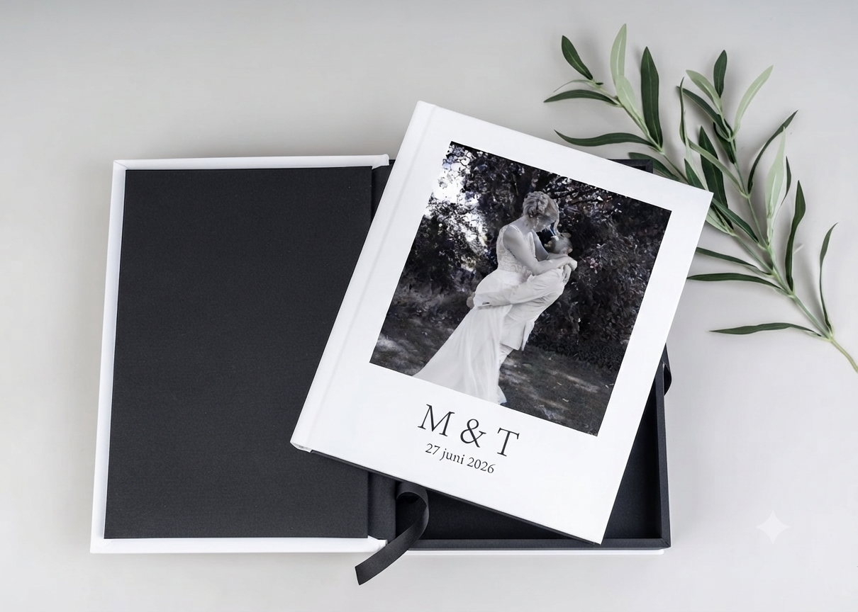 Elegant wedding photo album in black presentation box with monogram M&T cover photo and olive branch decoration.