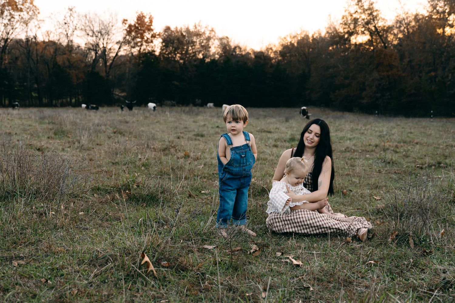 A peaceful family scene in a rural field with grazing animals in the background.