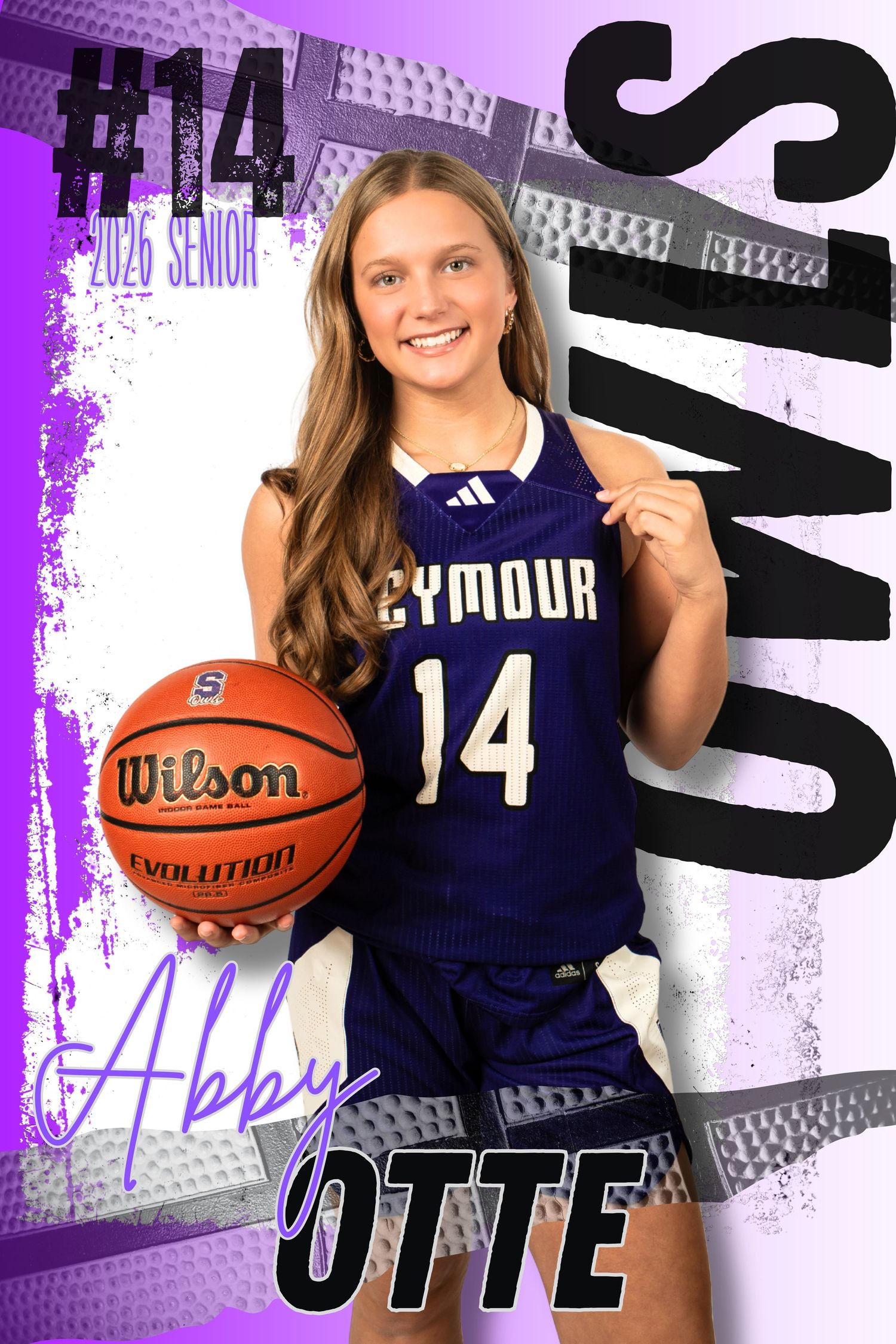 Basketball player poses with Wilson basketball in navy blue uniform against purple and white background.