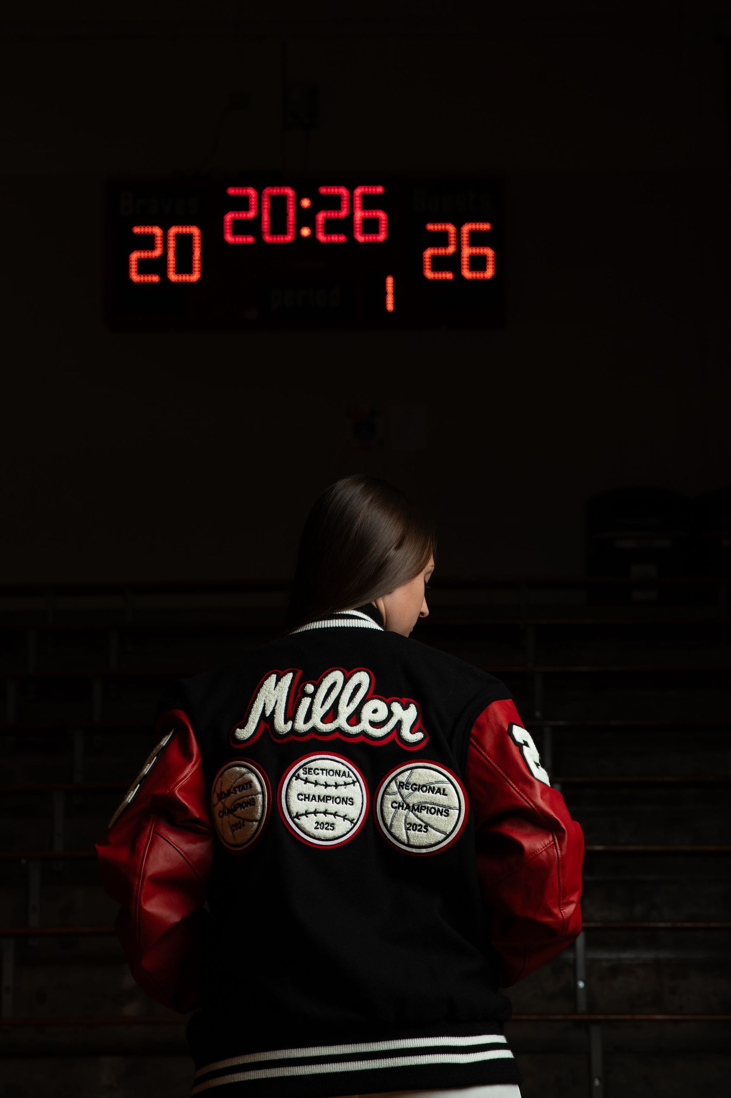 A sequence of dark photos showing a sports jersey with Miller text and logo patches in a dimly lit setting.