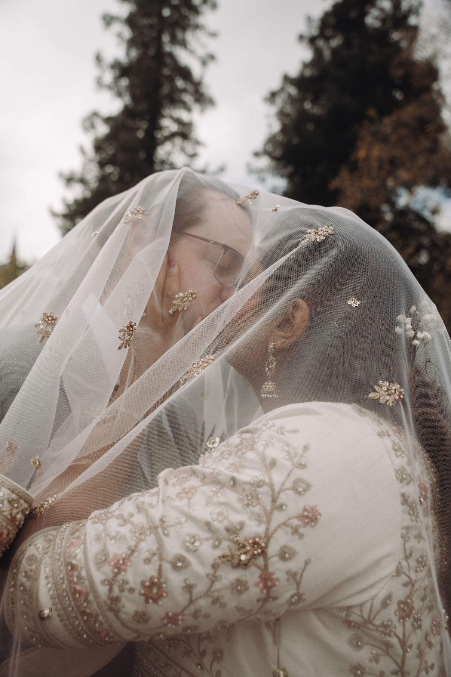 Delicate lace wedding veil with floral embellishments captured in soft natural light.
