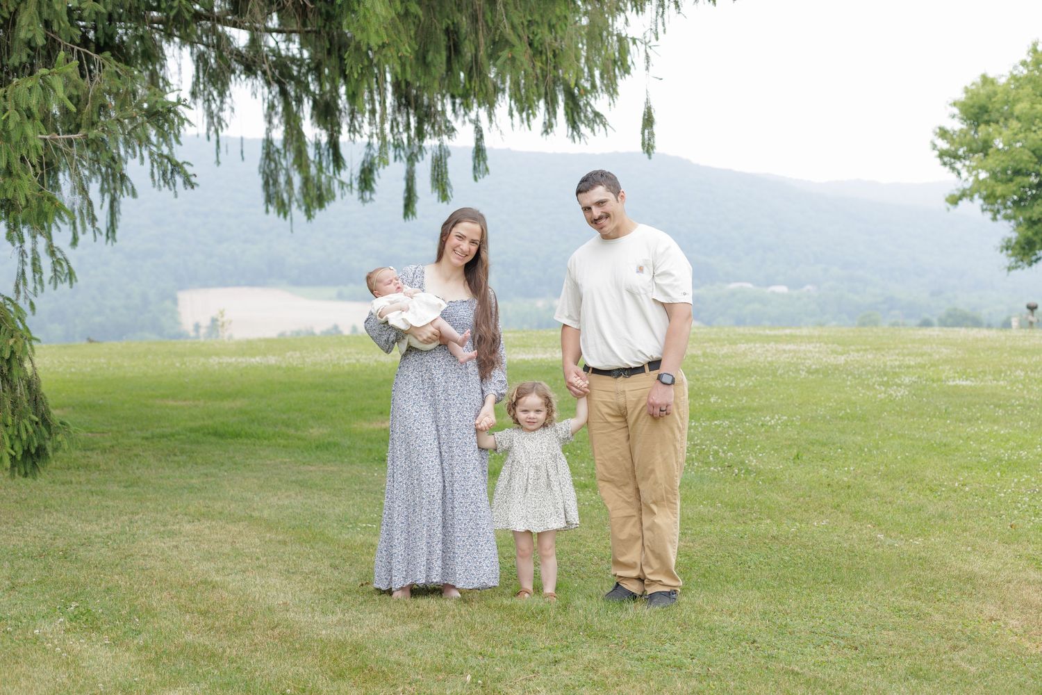 Family holding hands in front of mountains in a lifestyle newborn session in Lock Haven Pennsylvania